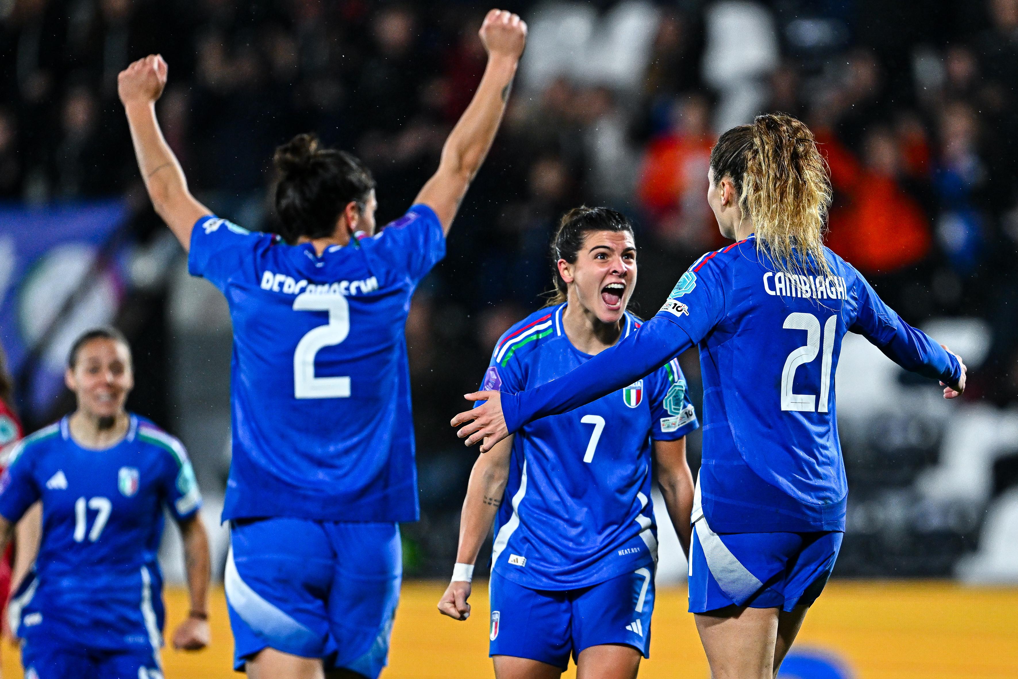 LA SPEZIA, ITALY - FEBRUARY 25: Michela Cambiaghi of Italy (right) celebrates with her team-mates Lisa Boattin, Valentina Bergamaschi and Sofia Cantore after scoring a goal during the UEFA Women's Nations League 2024/25 Grp A4 MD2 match between Italy and Denmark at Stadio Alberto Picco on February 25, 2025. (Photo by Simone Arveda - FIGC/FIGC via Getty Images)