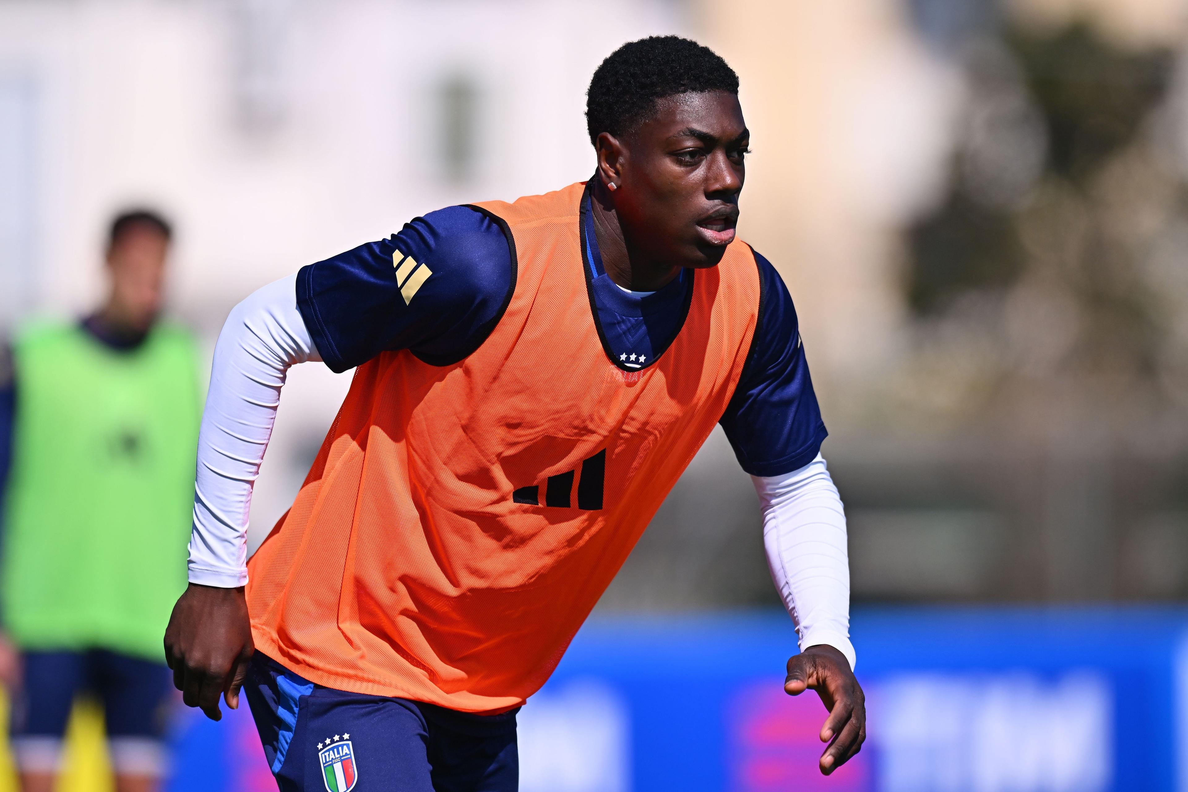 PADOVA, ITALY - MARCH 19:Issa Doumbia of Italy U21 durint the Italy U21 Training Session at Stadio Comunale di Abano Terme on March 19, 2025 in Padova, Italy. (Photo by FIGC/FIGC via Getty Images)