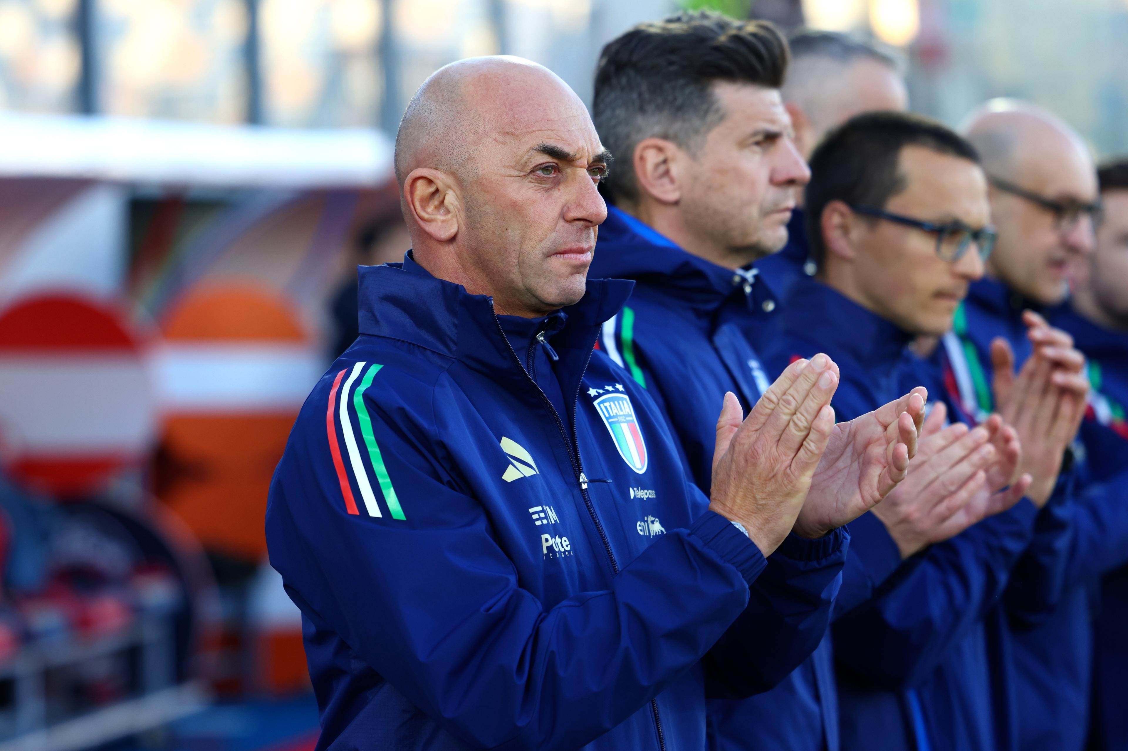 CROTONE, ITALY - MARCH 19: Head coach of Italy U19 Alberto Bollini looks on prior the Elite Round match beetween Italy U19 and Latvia U19 at Stadio Comunale Ezio Scida on March 19, 2025 in Crotone, Italy. (Photo by FIGC/FIGC via Getty Images)