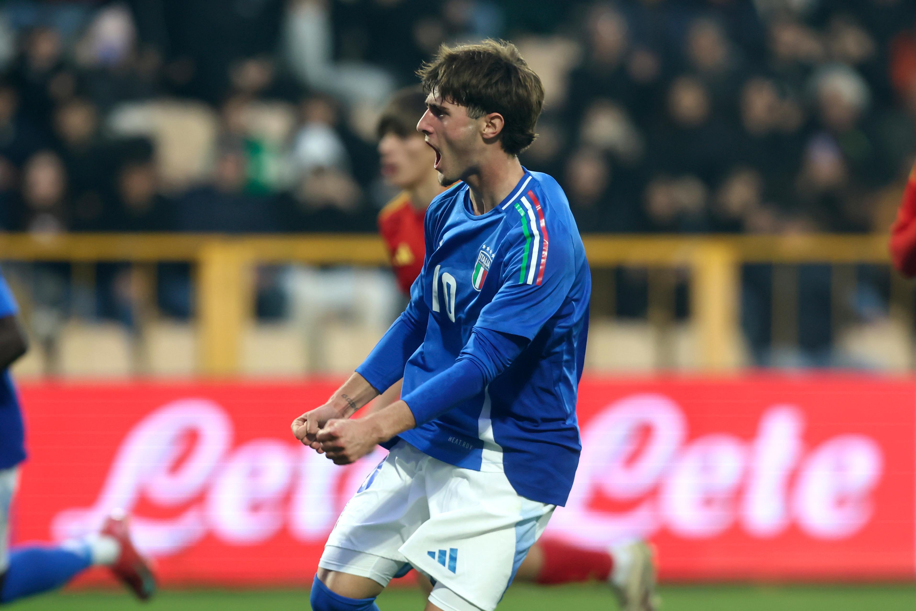 CATANZARO, ITALY - MARCH 22: Mattia Liberali of Italy U19 celebrates after scoring a penalty during the Elite Round match between Italy U19 and Spain U19 at Stadio Nicola Ceravolo on March 22, 2025 in Catanzaro, Italy. (Photo by FIGC/FIGC via Getty Images)