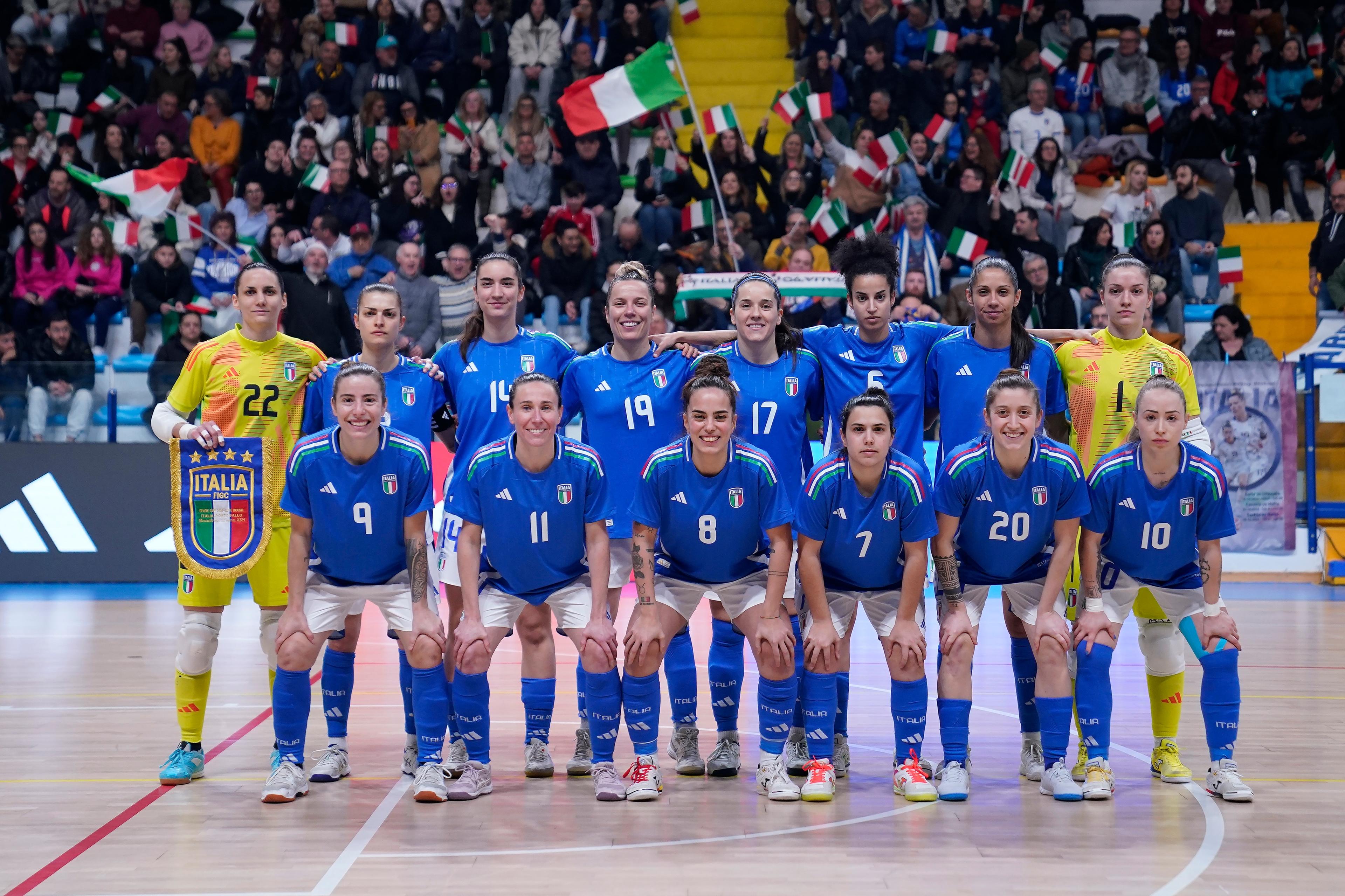 MONTESILVANO, ITALY - MARCH 22: Italy line u during FIFA Futsal Women's World Cup Qualifying Round match between Italy and Portugal at Palasport Corrado Roma on March 22, 2025 in Montesilvano, Italy. (Photo by Danilo Di Giovanni - FIGC/FIGC via Getty Images)