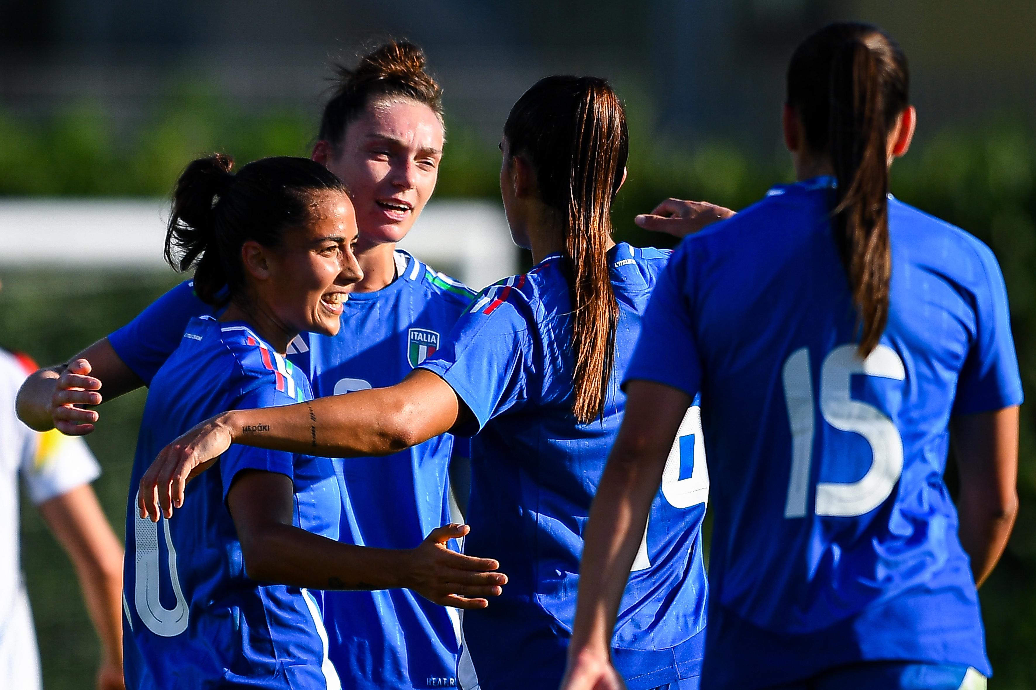 FLORENCE, ITALY - OCTOBER 28: Melissa Bellucci of Italy celebrates with her team-mates after scoring a goal during the Women International Friendly match between Italy U23 and Germany U23 at Centro Tecnico Federale di Coverciano on October 28, 2024 in Florence, Italy. (Photo by Ingrid Zambrano - FIGC/FIGC via Getty Images)
