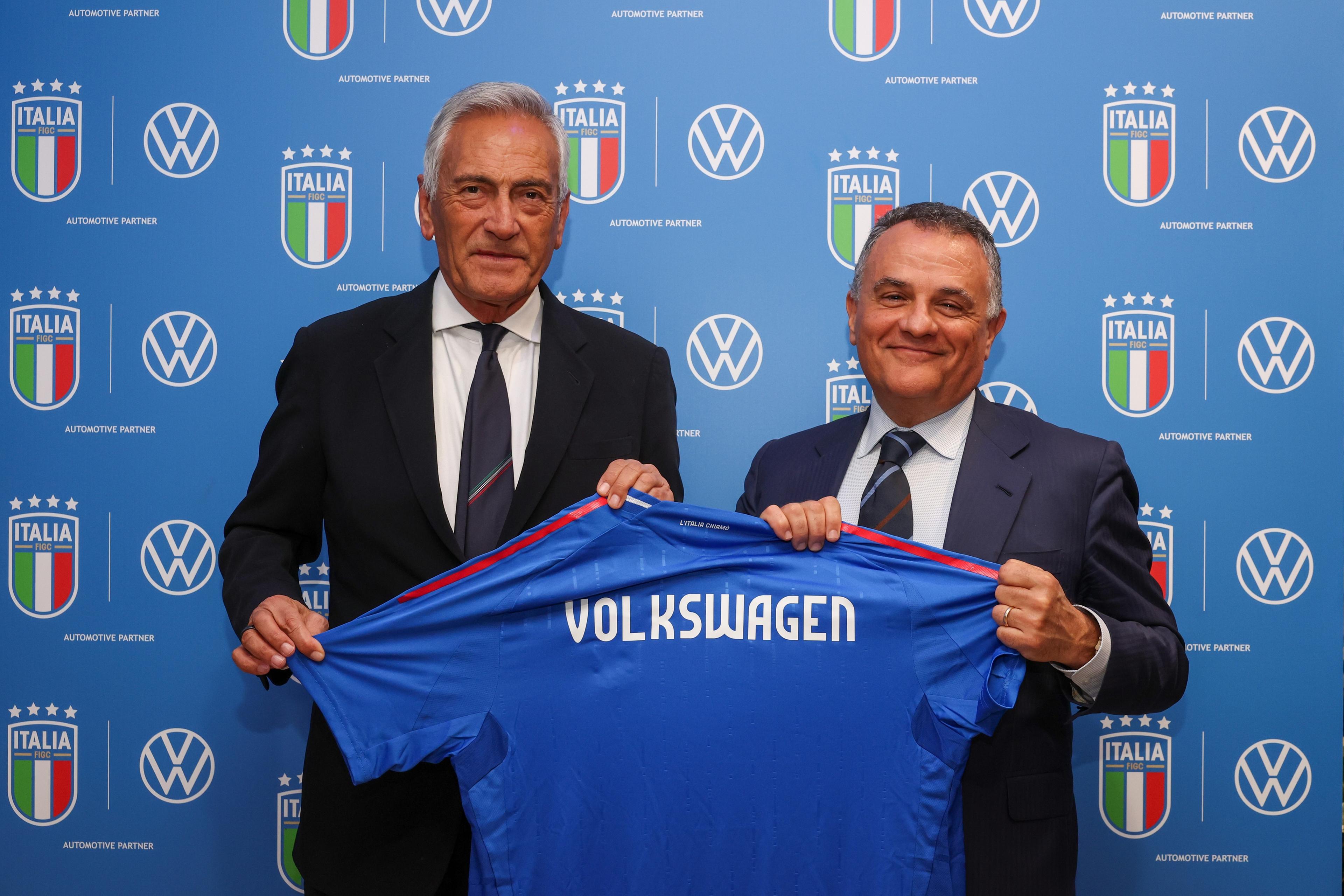 MILAN, ITALY - MARCH 20: Scatto istituzionale Presidente Gravina insieme a General Manager Volkswagen during the UEFA Nations League quarterfinal leg one match between Italy and Germany at Stadio San Siro on March 20, 2025 in Milan, Italy. (Photo by Sara Cavallini - FIGC/FIGC via Getty Images)