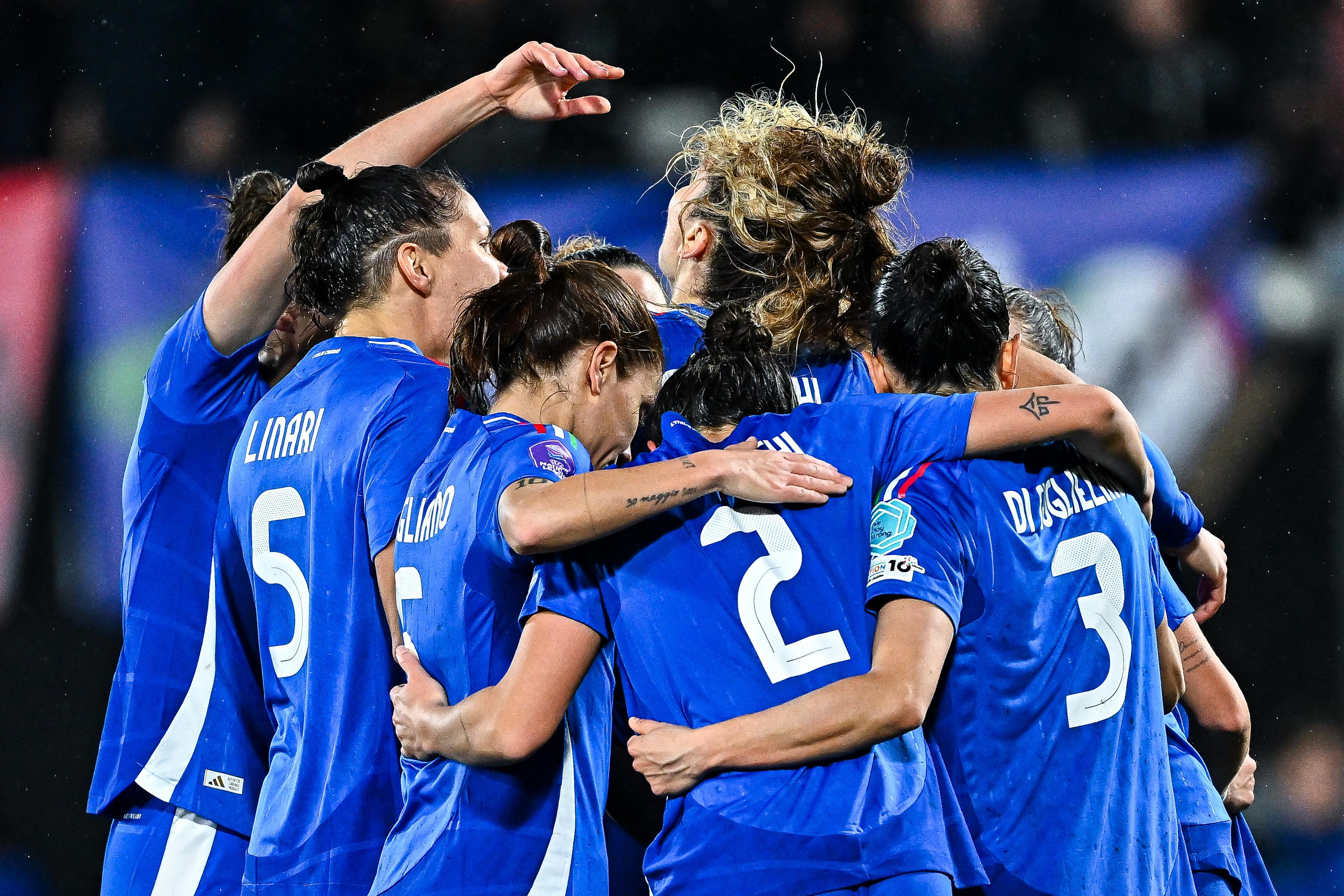 LA SPEZIA, ITALY - FEBRUARY 25: Michela Cambiaghi of Italy (center) celebrates with her team-mates after scoring a goal during the UEFA Women\\'s Nations League 2024/25 Grp A4 MD2 match between Italy and Denmark at Stadio Alberto Picco on February 25, 2025. (Photo by Simone Arveda - FIGC/FIGC via Getty Images)