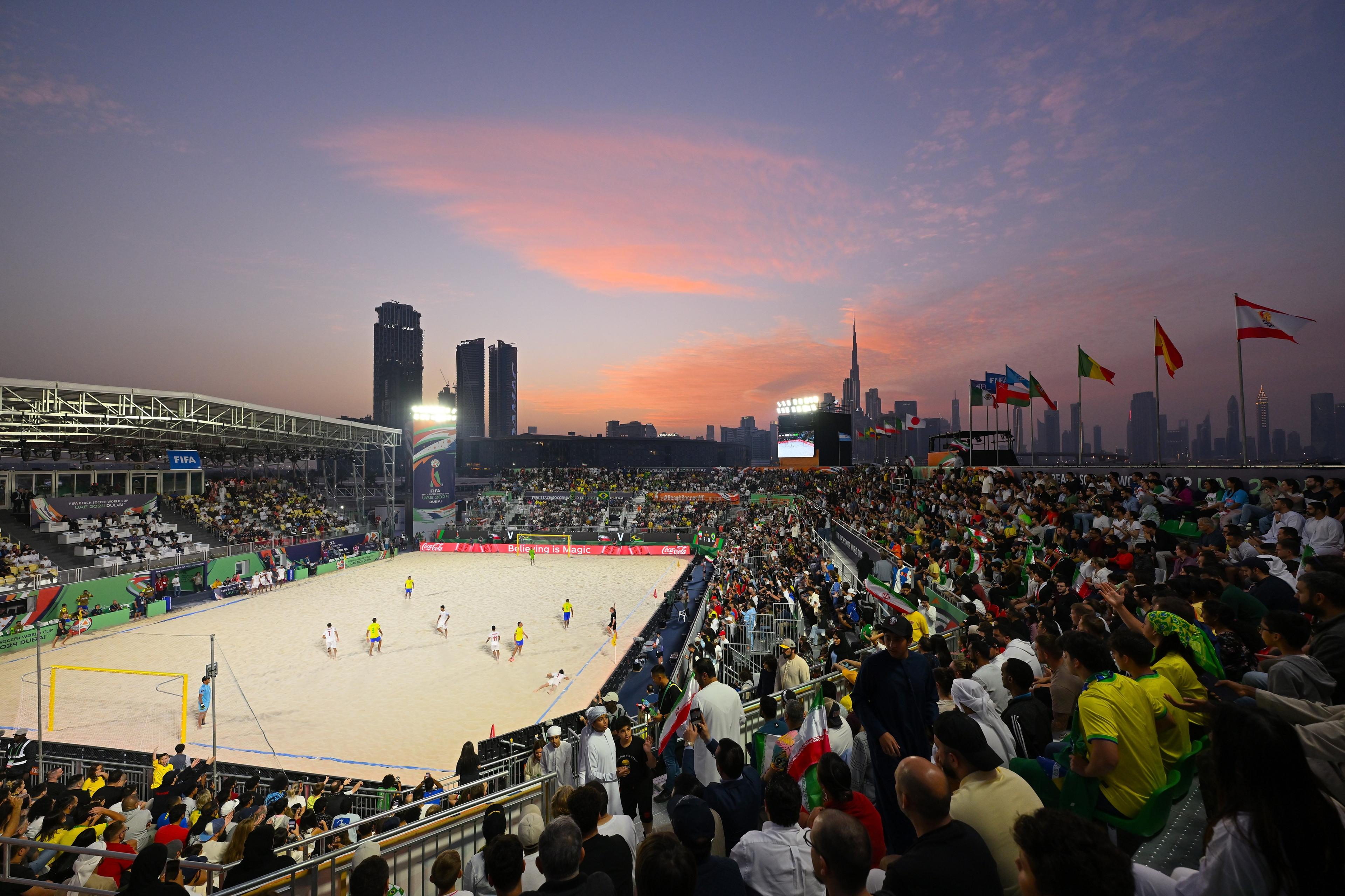 DUBAI, UNITED ARAB EMIRATES - FEBRUARY 24:  During the FIFA Beach Soccer World Cup UAE 2024 Semi-Final match between IR Iran and Brazil at Dubai Design District Stadium on February 24, 2024 in Dubai, United Arab Emirates. (Photo by Tullio Puglia - FIFA/FIFA via Getty Images)