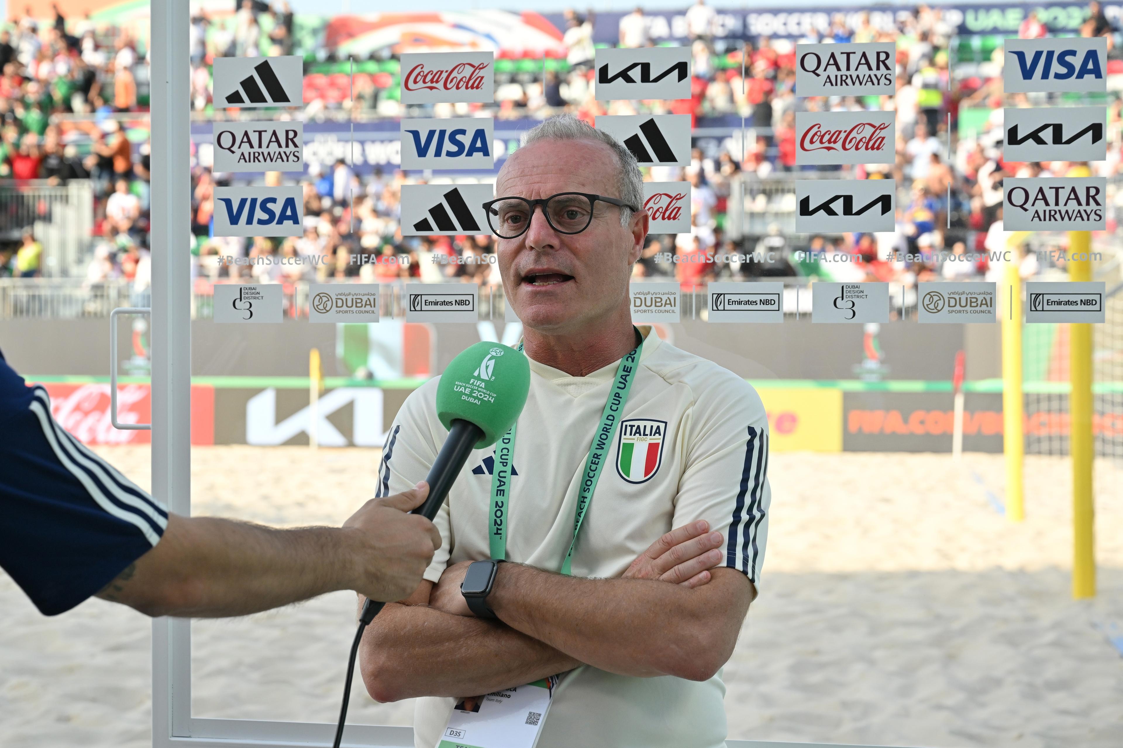 DUBAI, UNITED ARAB EMIRATES - FEBRUARY 17: During the FIFA Beach Soccer World Cup UAE 2024 Group A match between Italy and Egypt at Dubai Design District Stadium on February 17, 2024 in Dubai, United Arab Emirates. (Photo by Tullio Puglia - FIFA/FIFA via Getty Images)