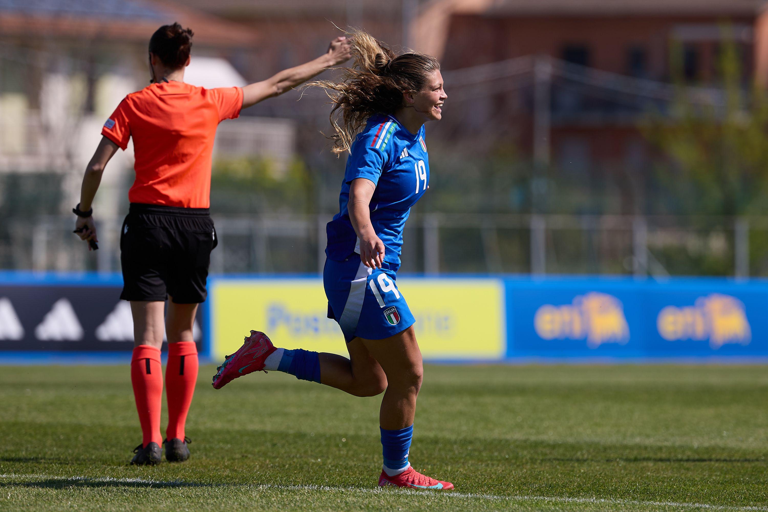 SANT'ARCANGELO DI ROMAGNA, ITALY - APRIL 05: Manuela Sciabica of Italy celebrates after scoring her team's first goal during the UEFA European Women's Under-19 Championship round 2 match between Italy and Slovakia at Stadio Valentino Mazzola on April 05, 2025 in Sant'Arcangelo di Romagna, Italy. (Photo by Emmanuele Ciancaglini/FIGC via Getty Images)