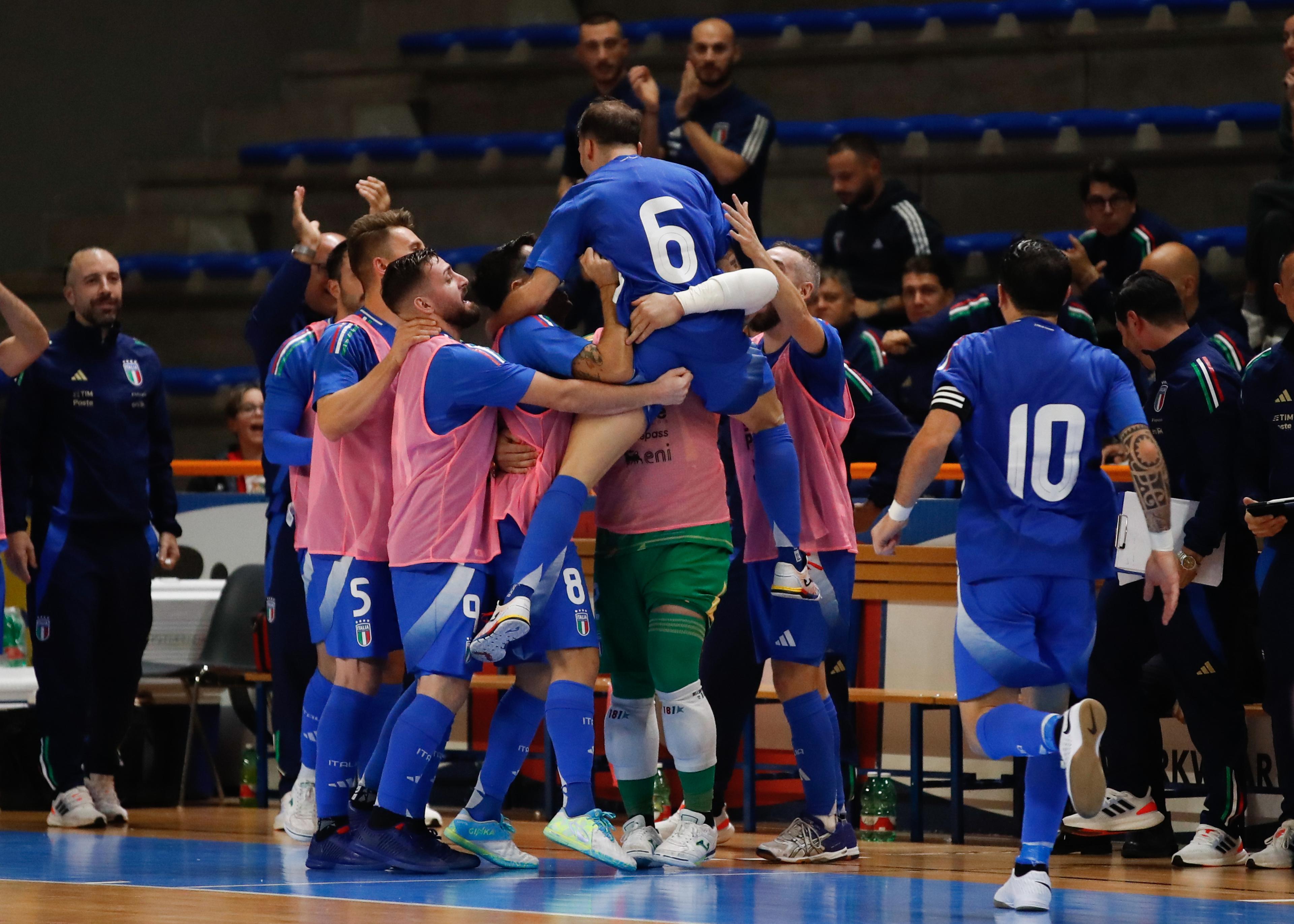 SAN BONIFACIO, ITALY - NOVEMBER 04: Giovanni Pulvirenti of Italy celebrates scoring a goal with teammates during the International Friendly between Italy and Norway at Pala Ferroli on November 04, 2024 in San Bonifacio, Italy. (Photo by FIGC/FIGC via Getty Images)