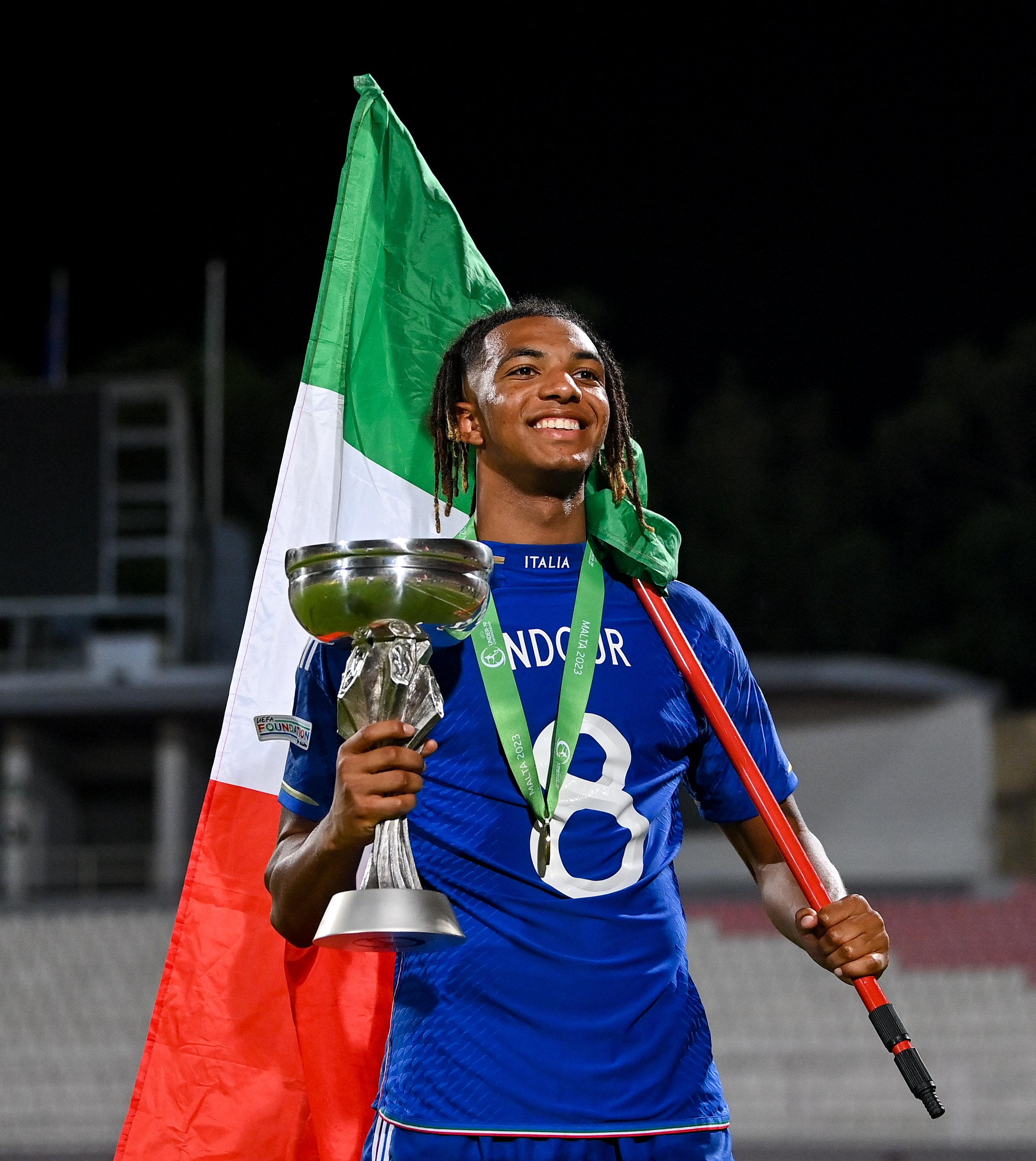 TA' QALI, MALTA - JULY 16: Cher N'dour of Italy after the UEFA European Under-19 Championship 2022/23 final match between Portugal and Italy at the National Stadium on July 16, 2023 in Ta' Qali, Malta. (Photo by Seb Daly - Sportsfile/UEFA via Getty Images)