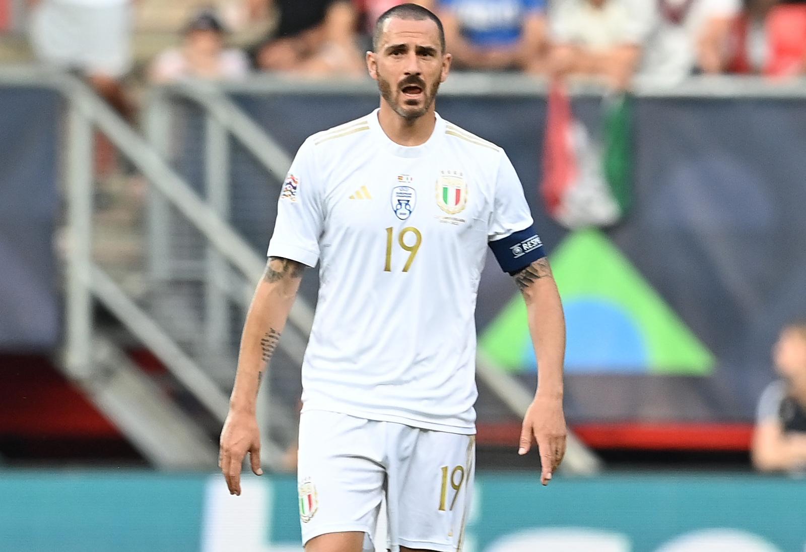ENSCHEDE, NETHERLANDS - JUNE 15: Leonardo Bonucci of Italy reacts during the UEFA Nations League 2022/23 semifinal match between Spain and Italy at FC Twente Stadium on June 15, 2023 in Enschede, Netherlands. (Photo by Claudio Villa/Getty Images)