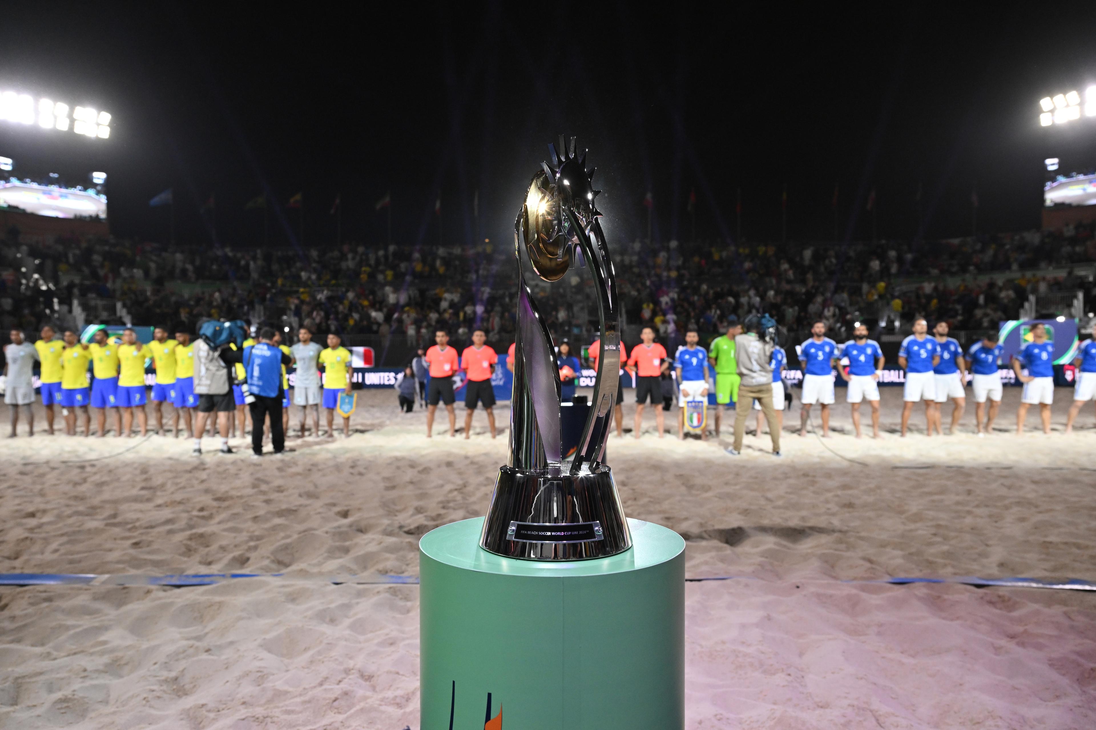 DUBAI, UNITED ARAB EMIRATES - FEBRUARY 25: during the FIFA Beach Soccer World Cup UAE 2024 Final match between Brazil and Italy at Dubai Design District Stadium on February 25, 2024 in Dubai, United Arab Emirates. (Photo by Tullio Puglia - FIFA/FIFA via Getty Images)
