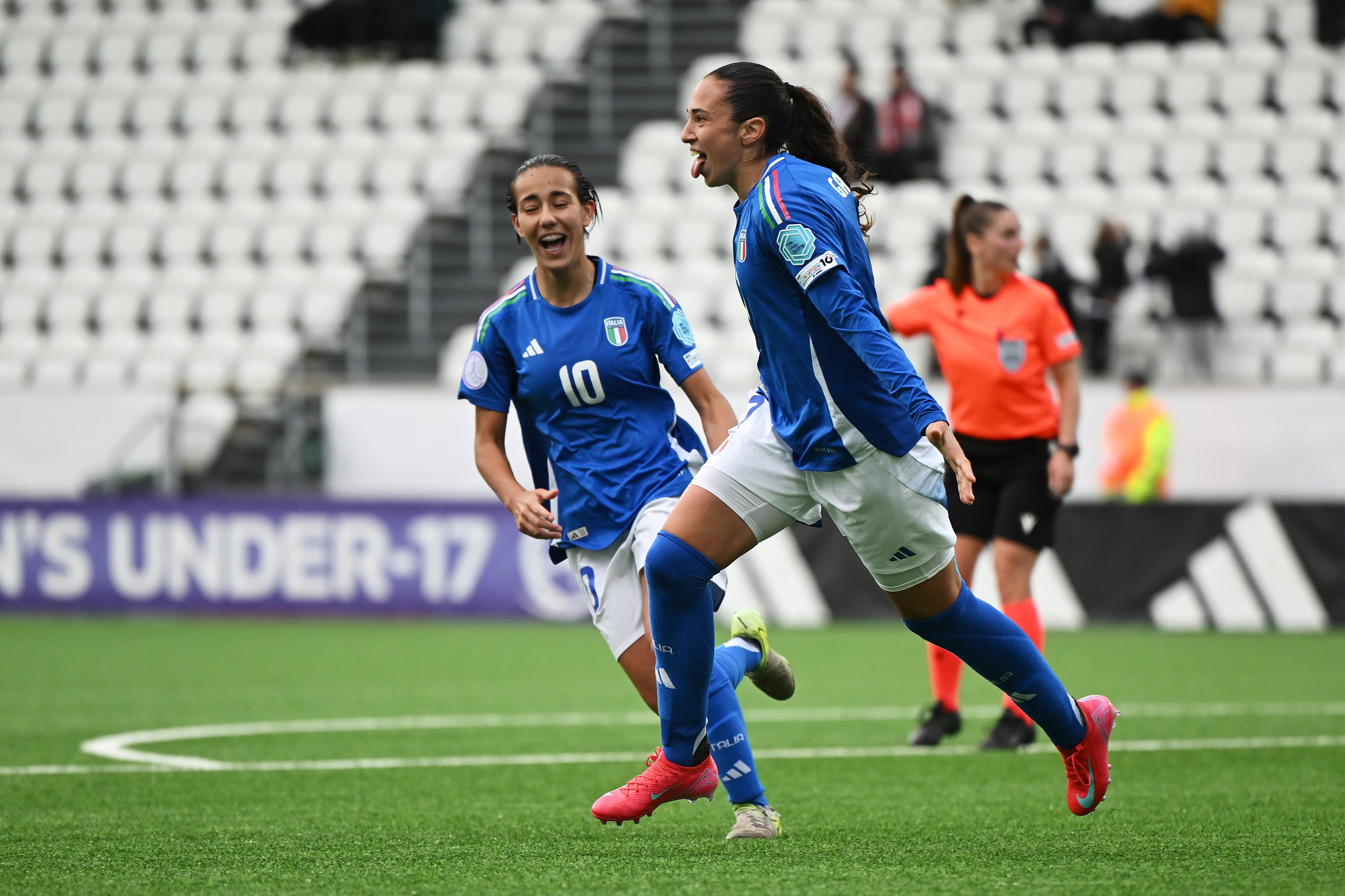 TORSHAVN, FAEROE ISLANDS - MAY 05: Giulia Galli of Italy celebrates scoring her team's fourth goal during the UEFA Women's European Under-17 Championship Group Stage match between Poland and Italy at Torsvollur on May 05, 2025 in Torshavn, Faeroe Islands. (Photo by Shauna Clinton/UEFA via Getty Images)