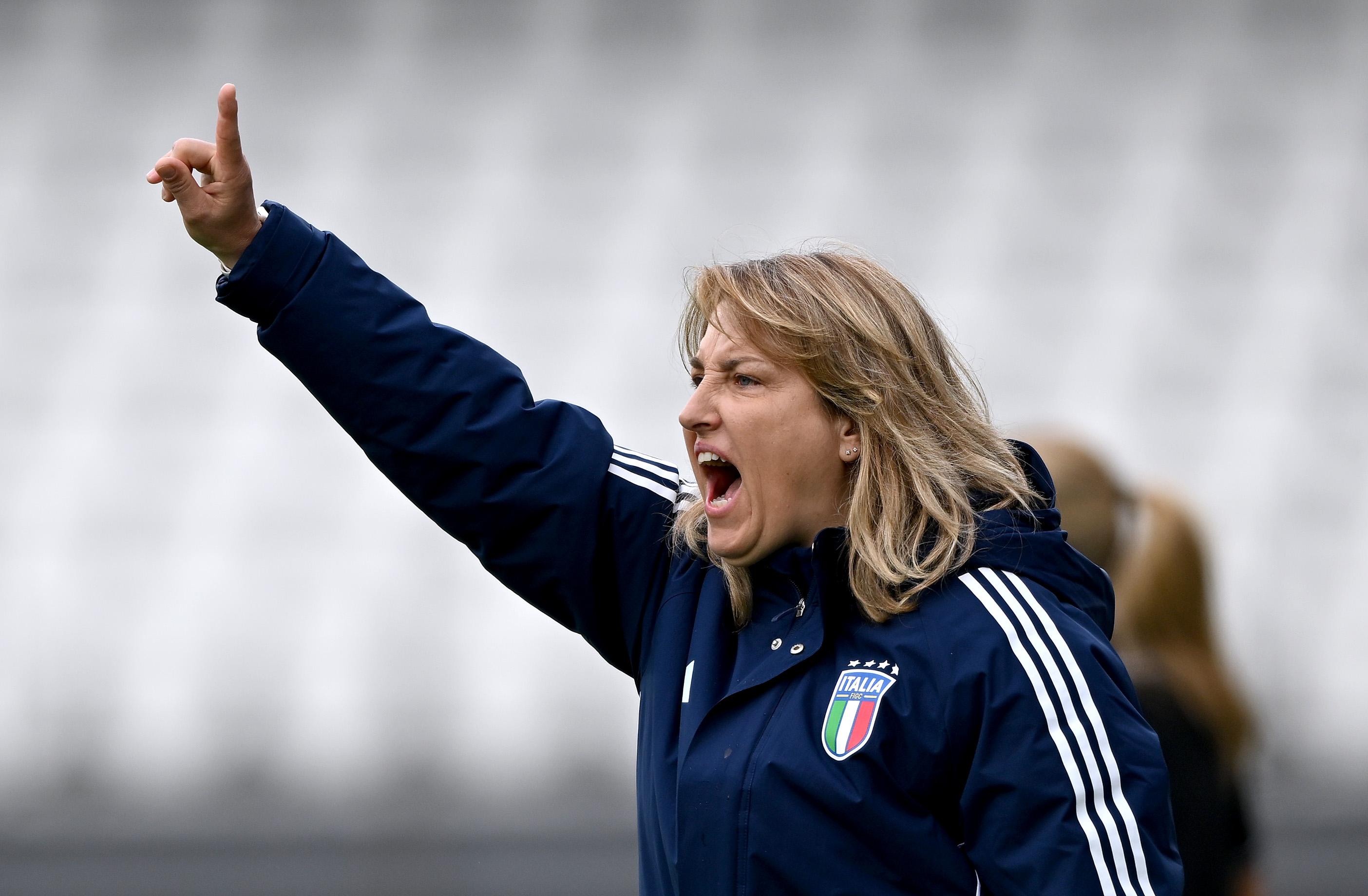 TORSHAVN, FAEROE ISLANDS - MAY 08: Selena Mazzantini, Head Coach of Italy, gestures during the UEFA Women's European Under-17 Championship Group Stage match between Italy and France at Torsvollur on May 08, 2025 in Torshavn, Faeroe Islands. (Photo by Shauna Clinton/UEFA via Getty Images)