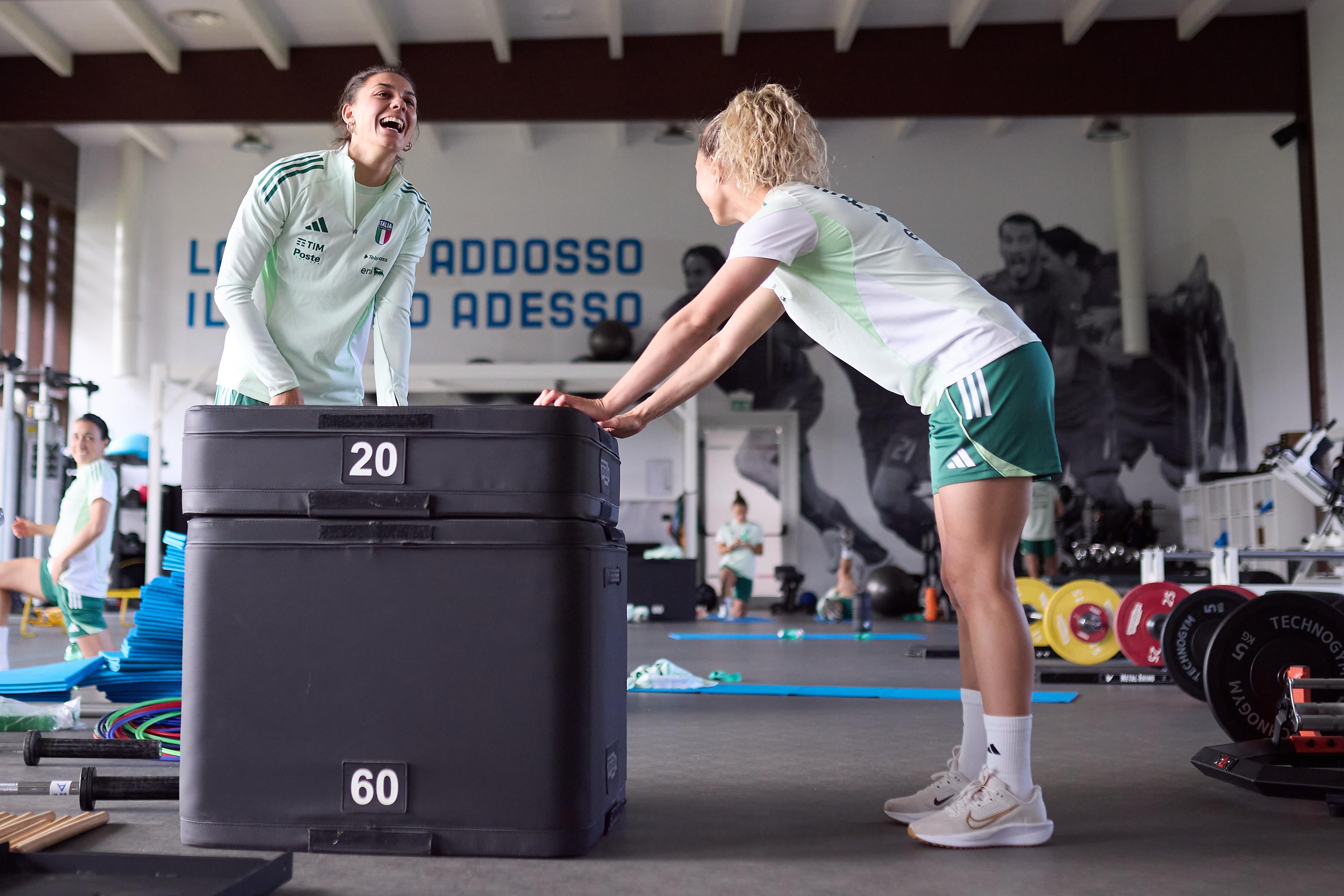 FLORENCE, ITALY - APRIL 01: Emma Severini and Agnese Bonfantini of Italy during Italy Women Training Session at Centro Tecnico Federale di Coverciano on April 01, 2025 in Florence, Italy. (Photo by Emmanuele Ciancaglini/FIGC via Getty Images)