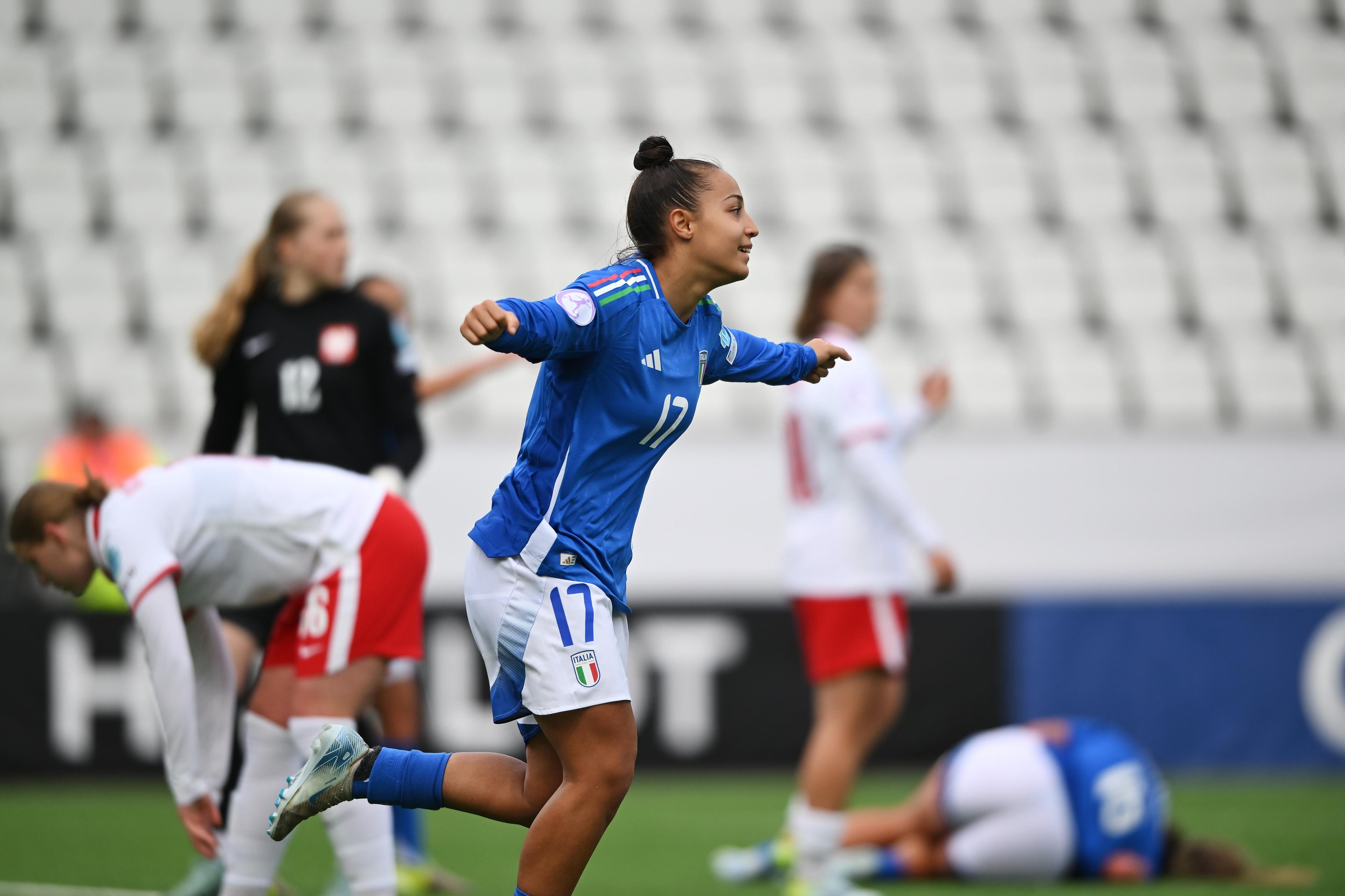 TORSHAVN, FAEROE ISLANDS - MAY 05: Martina Romanelli of Italy celebrates her team's second goal, an own-goal scored by Maria Ostopinka of Poland (not pictured) during the UEFA Women's European Under-17 Championship Group Stage match between Poland and Italy at Torsvollur on May 05, 2025 in Torshavn, Faeroe Islands. (Photo by Shauna Clinton/UEFA via Getty Images)