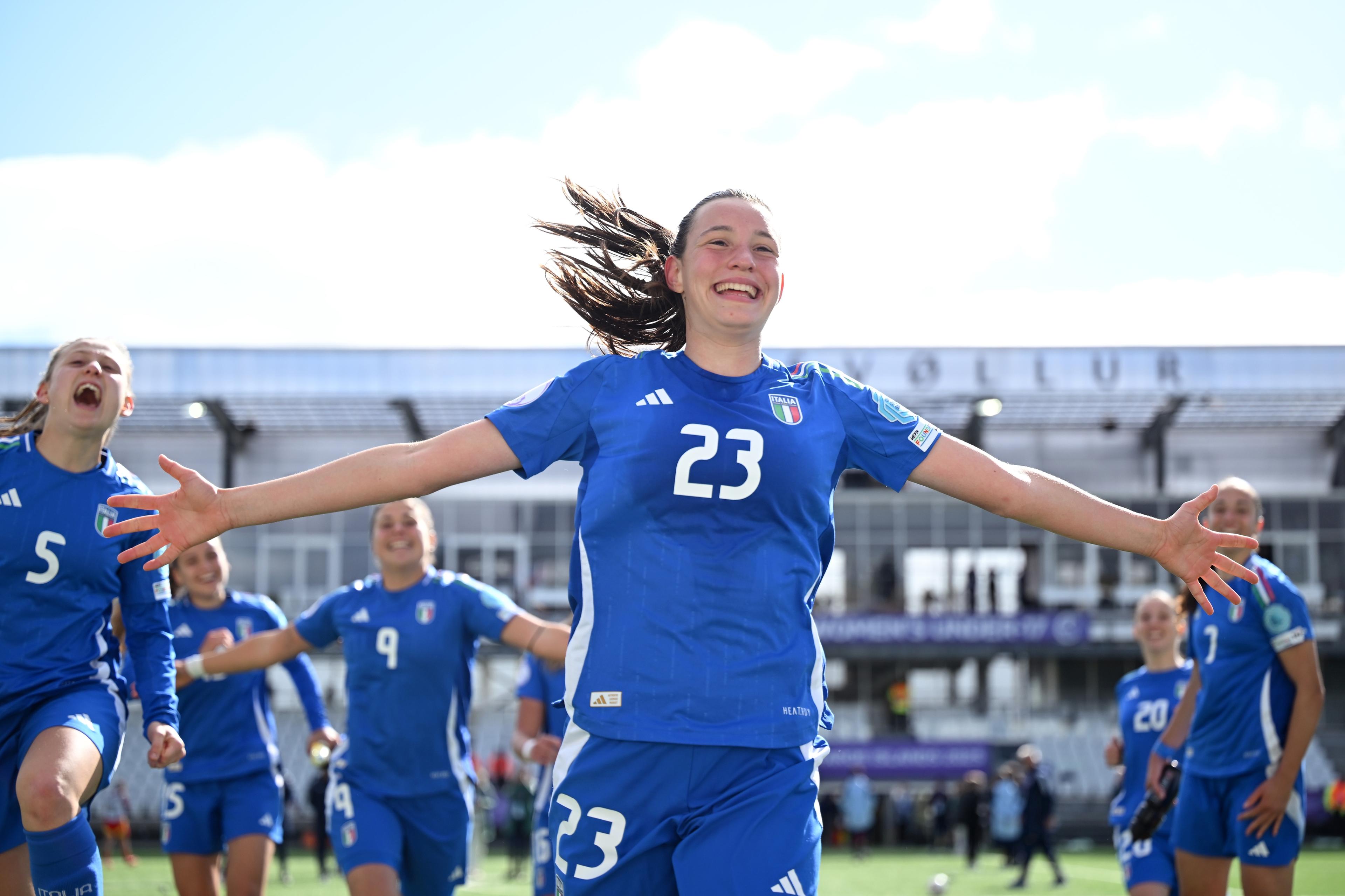 THORSHAVN, FAEROE ISLANDS - MAY 11: Valentina Piccardi of Italy celebrates victory following the UEFA Women's European Under-17 Championship 2024/25 Group B match between Italy and Spain at Torsvollur on May 11, 2025 in Thorshavn, Faeroe Islands. (Photo by Shauna Clinton/UEFA via Getty Images)