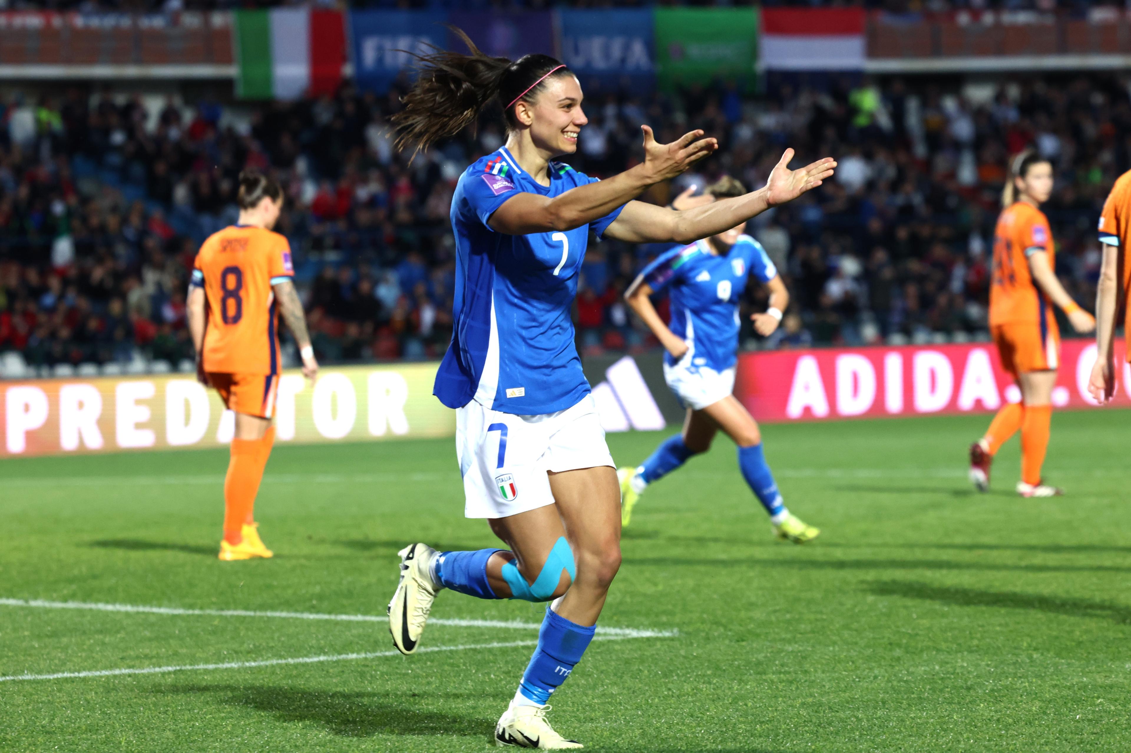 COSENZA, ITALY - APRIL 05: Agnese Bonfantini of Italy celebrates after scoring her team's second goal during the UEFA EURO 2025 Women's Qualifiers between Italy and Netherlands at Stadio San Vito on April 05, 2024 in Cosenza, Italy. (Photo by Maurizio Lagana/Getty Images)
