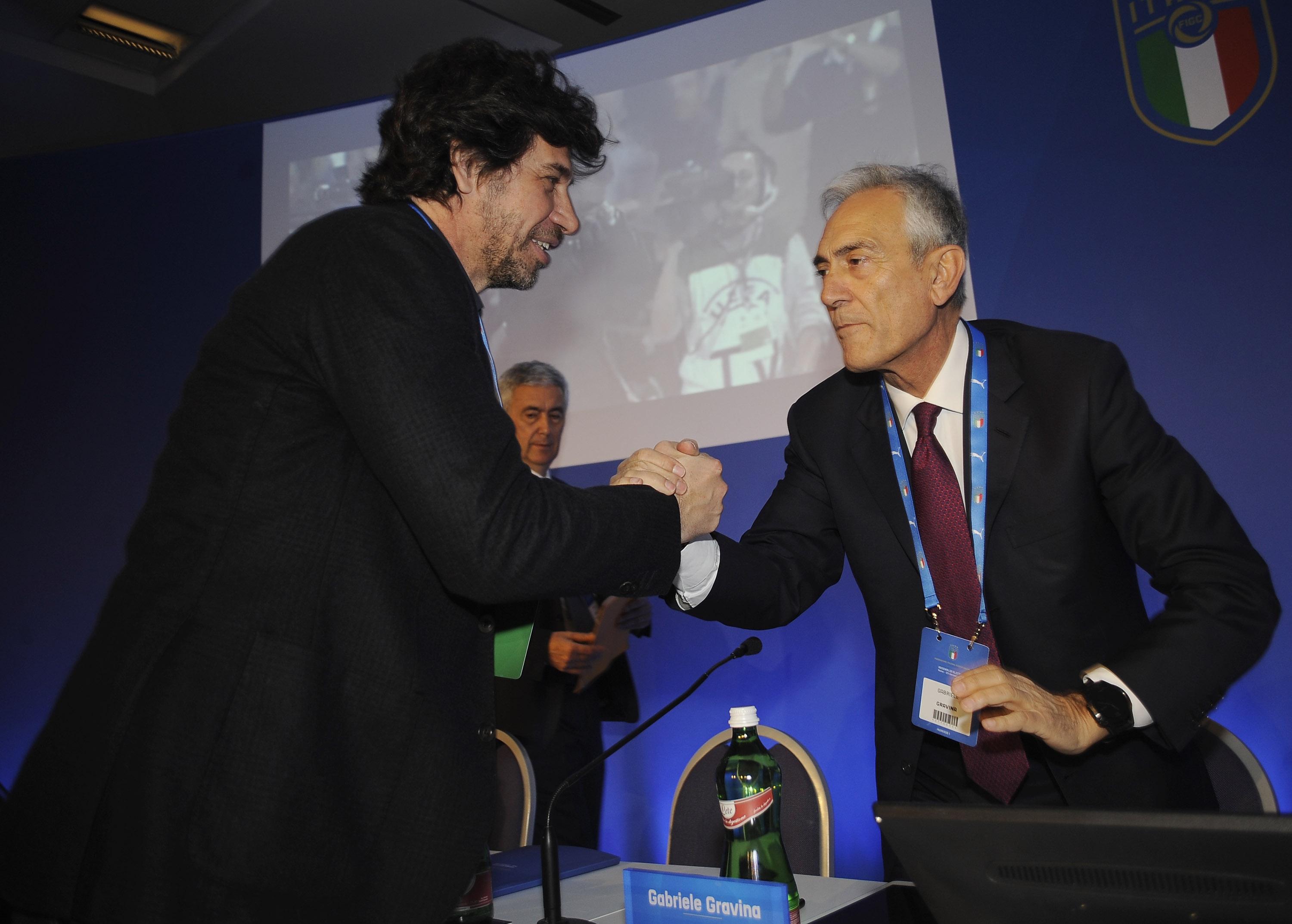 ROME, ITALY - JANUARY 29: Demetrio Albertini shakes the hands with Gabriele Gravina of FIGC during the Italian Football Federation (FIGC) new president elections on January 29, 2018 in Rome, Italy. (Photo by Marco Rosi/Getty Images) *** Local Caption *** Gabriele Gravina; Demetrio Albertini