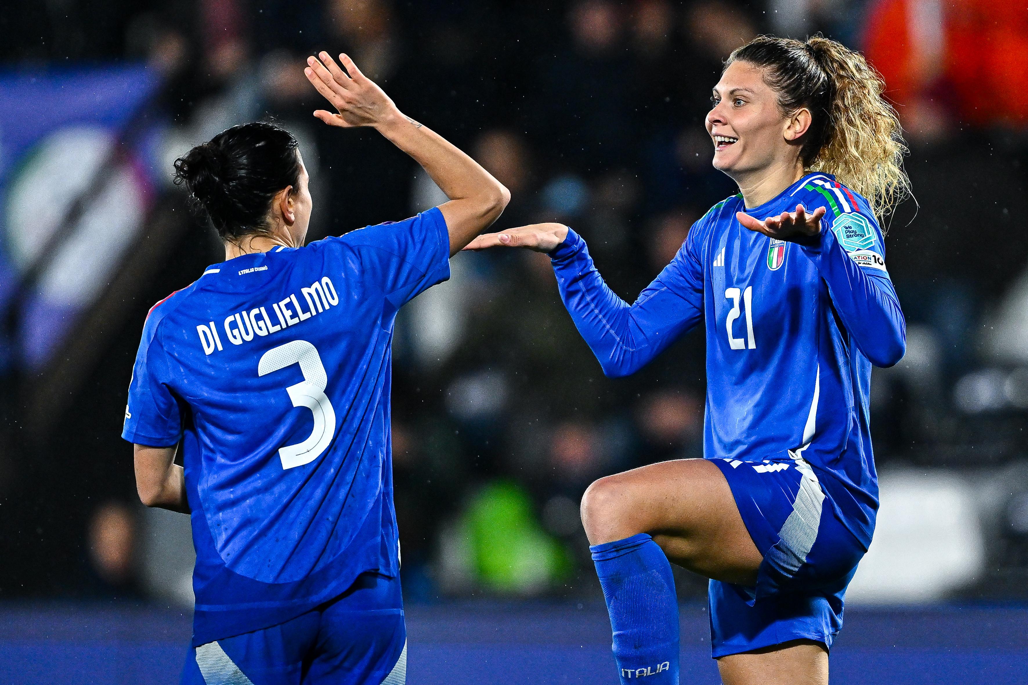 LA SPEZIA, ITALY - FEBRUARY 25: Michela Cambiaghi of Italy (right) celebrates with her team-mate Lucia Di Guglielmo after scoring a goal during the UEFA Women's Nations League 2024/25 Grp A4 MD2 match between Italy and Denmark at Stadio Alberto Picco on February 25, 2025. (Photo by Simone Arveda - FIGC/FIGC via Getty Images)