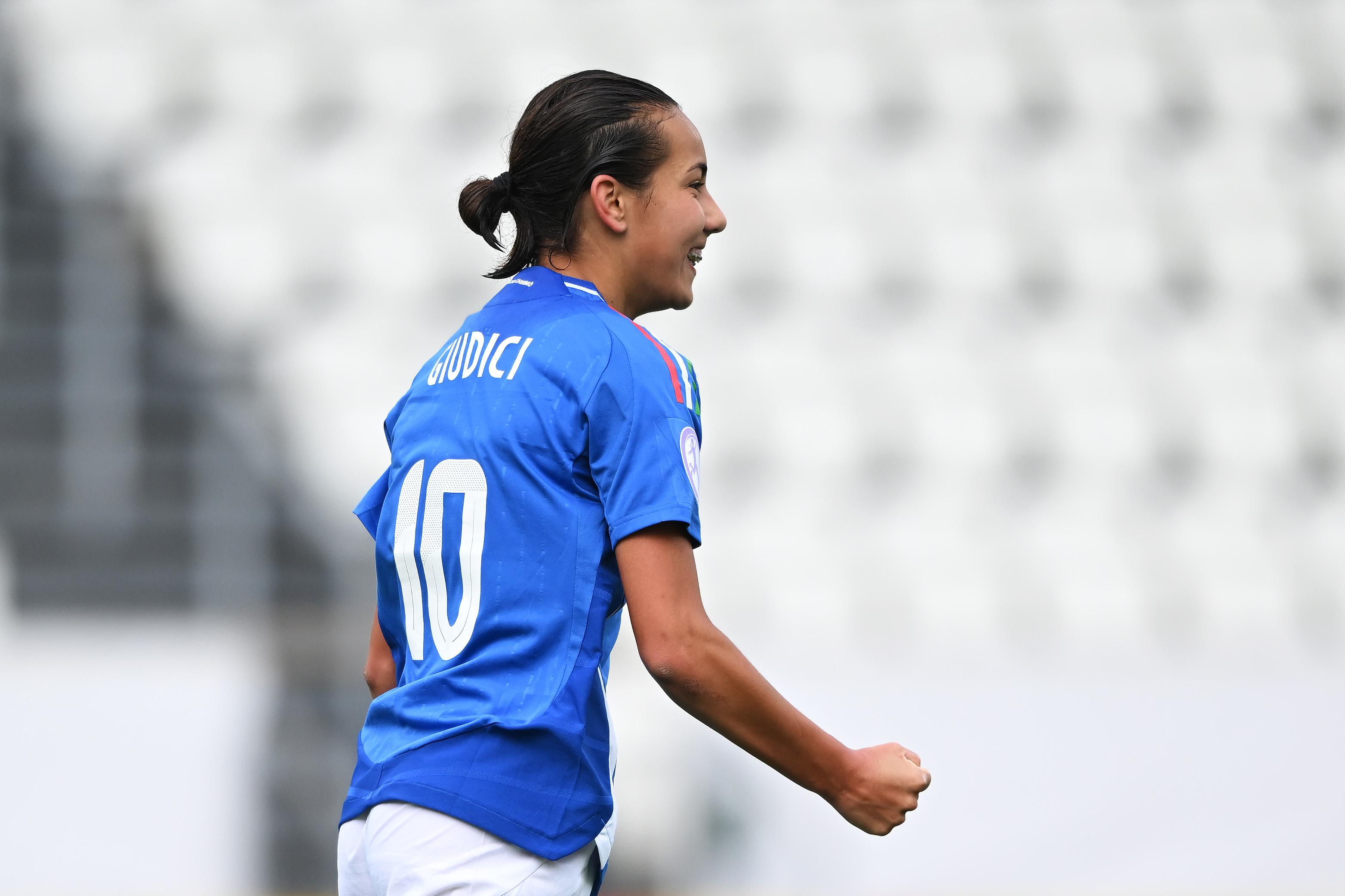 TORSHAVN, FAEROE ISLANDS - MAY 05: Rachele Giudici of Italy celebrates scoring her team's third goal during the UEFA Women's European Under-17 Championship Group Stage match between Poland and Italy at Torsvollur on May 05, 2025 in Torshavn, Faeroe Islands. (Photo by Shauna Clinton/UEFA via Getty Images)