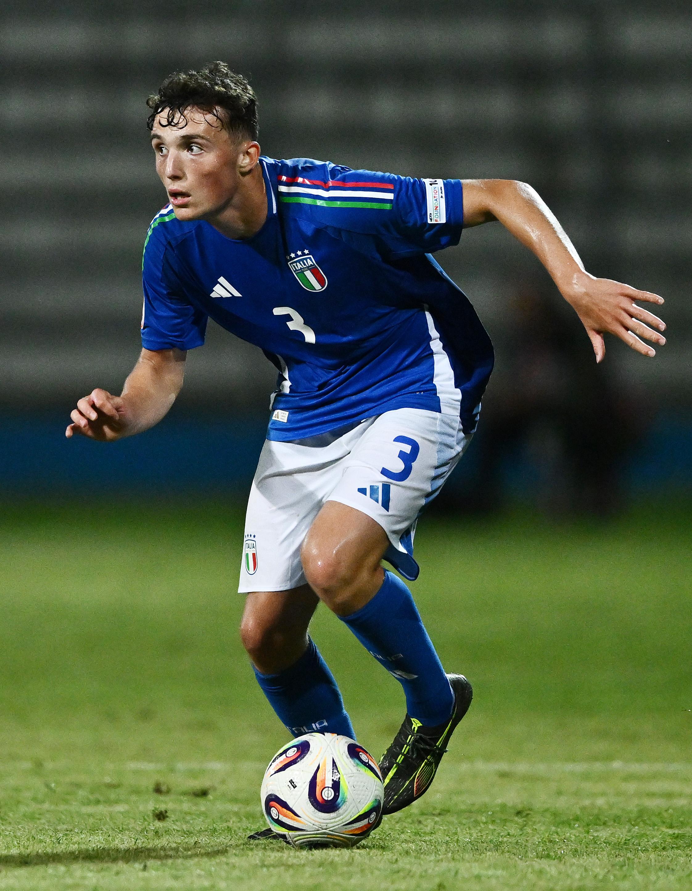DURRES, ALBANIA - MAY 20: â Laurence Adam Giani of Italy runs with the ball during the UEFA European Under-17 Championship 2024/25 Group B match between Italy and Czechia at Niko Dovana Stadium on May 20, 2025 in Durres, Albania. (Photo by Ben McShane - Sportsfile/UEFA via Getty Images)