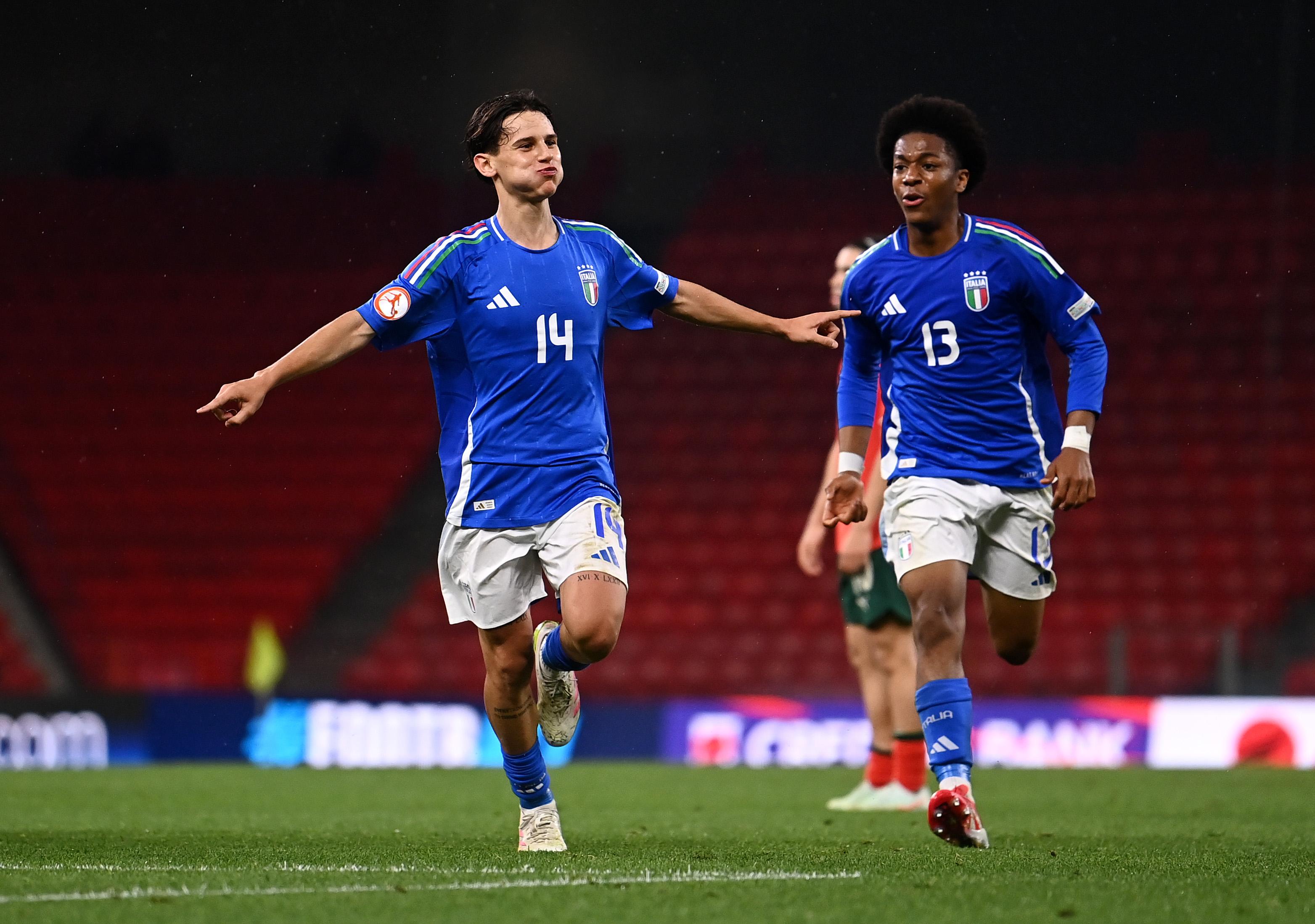 TIRANA, ALBANIA - MAY 29: ⁠Alessio Baralla of Italy celebrates scoring his team's second goal during the UEFA European Under-17 Championship 2024/25 semifinal match between Italy and Portugal at Arena Kombetare on May 29, 2025 in Tirana, Albania. (Photo by Ben McShane - Sportsfile/UEFA via Getty Images)
