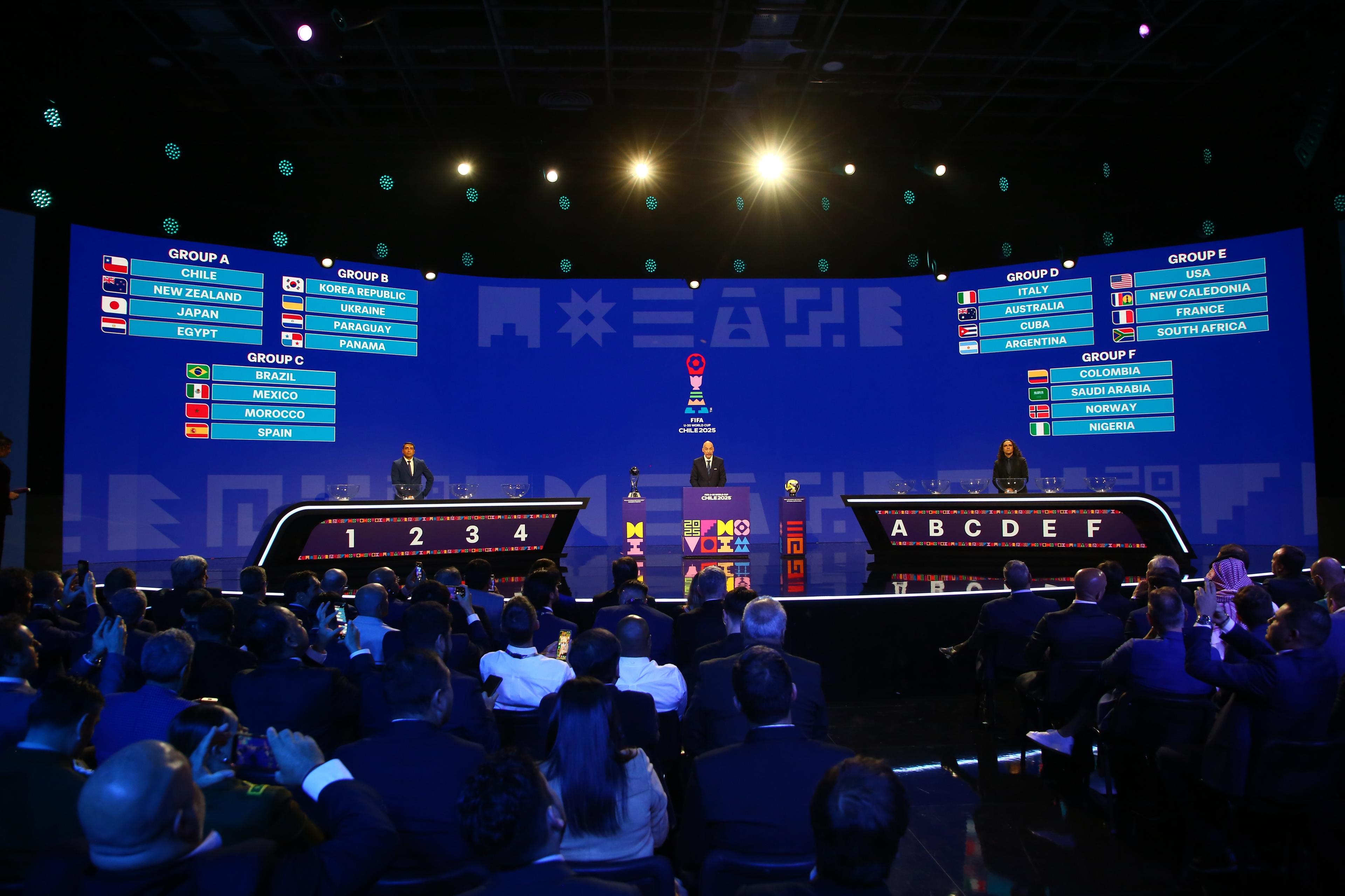 SANTIAGO, CHILE - MAY 29: A view of the draw results during the group draw for the FIFA U-20 Men's World Cup Chile 2025 at Machasa Chilevision Studios on May 29, 2025 in Santiago, Chile. (Photo by Marcelo Hernandez - FIFA/Getty Images)
