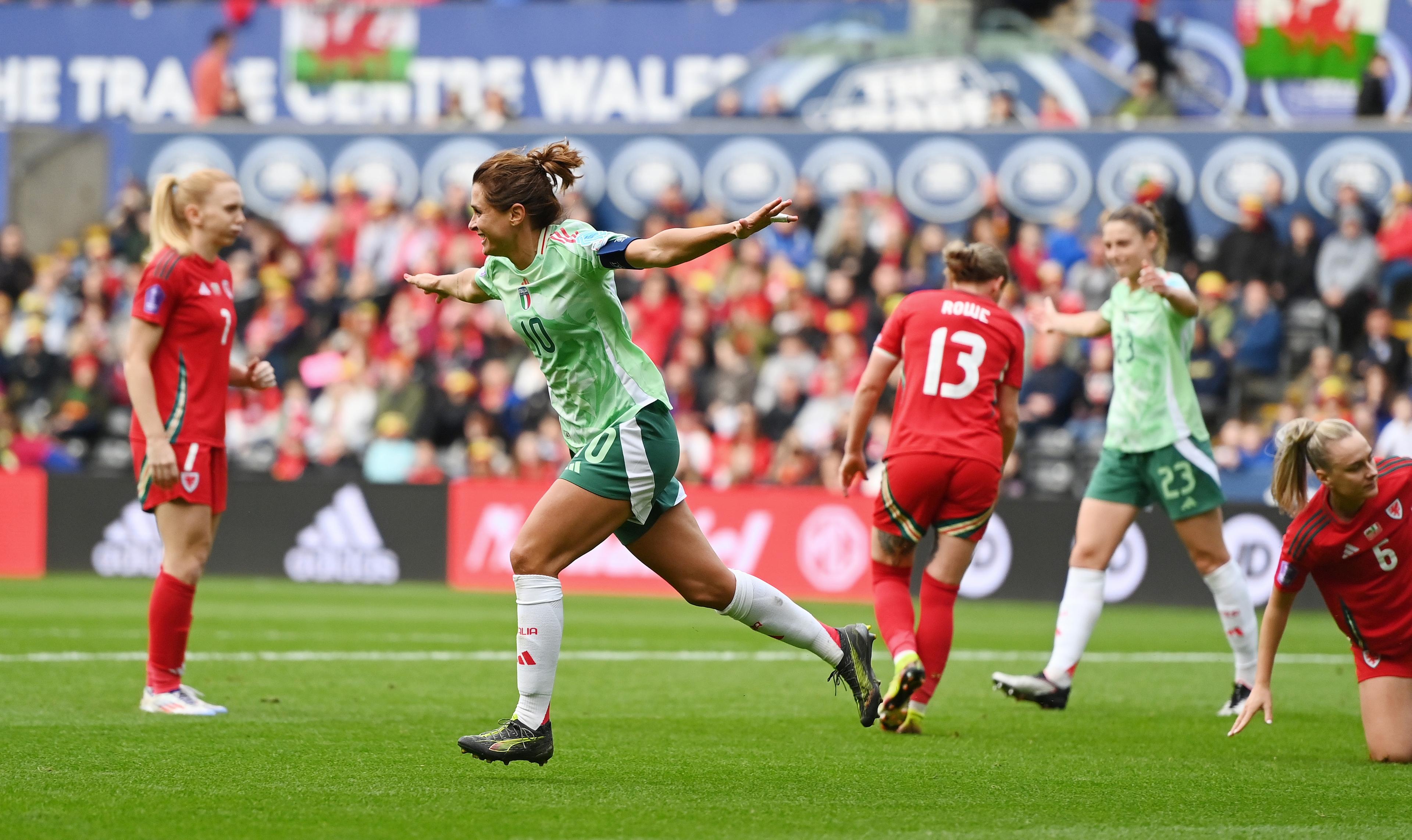 SWANSEA, WALES - JUNE 03: Cristiana Girelli of Italy celebrates her sides fourth goal during the UEFA Women's Nations League 2024/25 Grp A4 MD6 match between Wales and Italy at Swansea.com Stadium on June 03, 2025 in Swansea, Wales. (Photo by FIGC/FIGC via Getty Images)