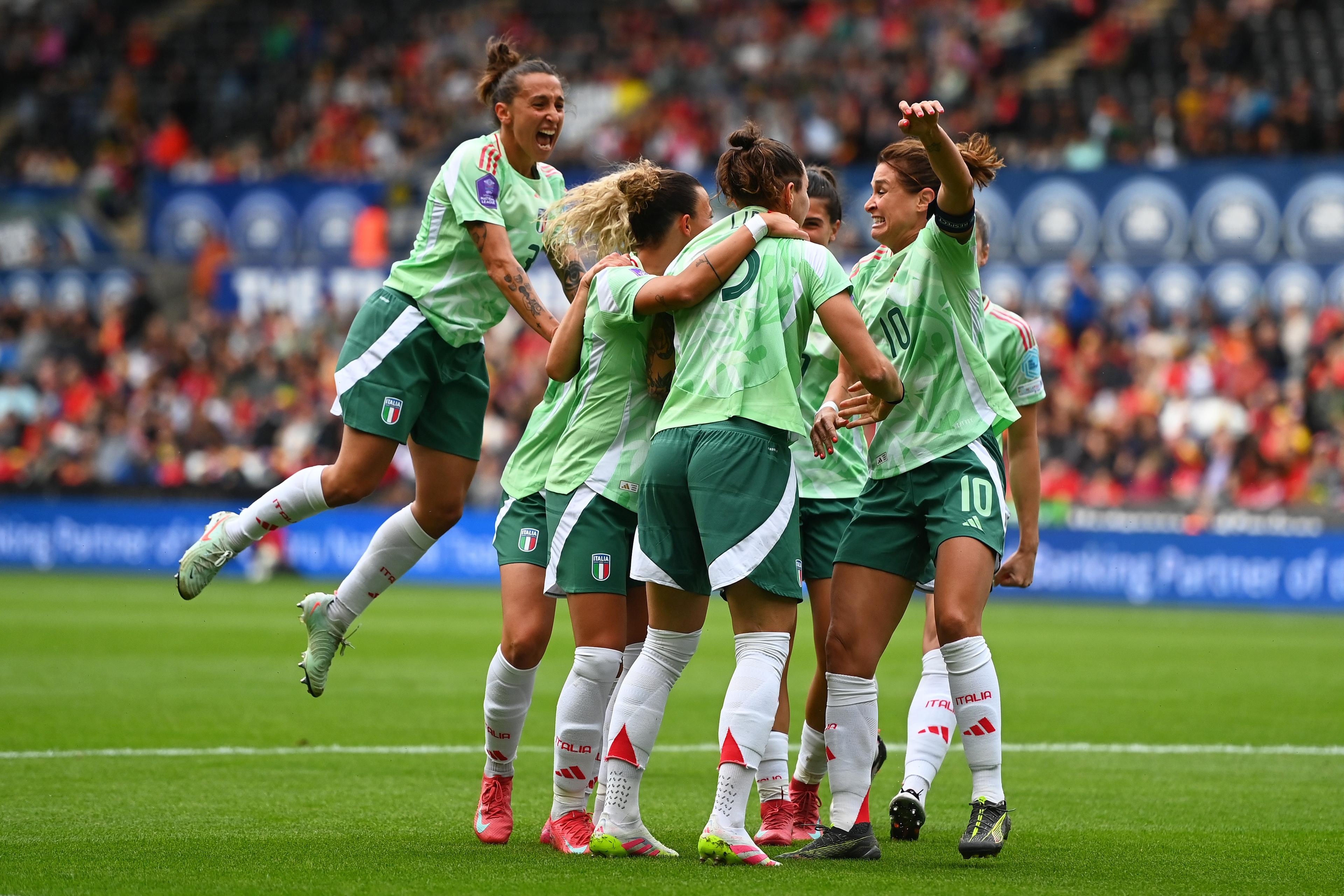 SWANSEA, WALES - JUNE 03:  Elena Linari of Italy celebrates  her sides first goal during the UEFA Women\\'s Nations League 2024/25 Grp A4 MD6 match between Wales and Italy at Swansea.com Stadium on June 03, 2025 in Swansea, Wales. (Photo by FIGC/FIGC via Getty Images)
