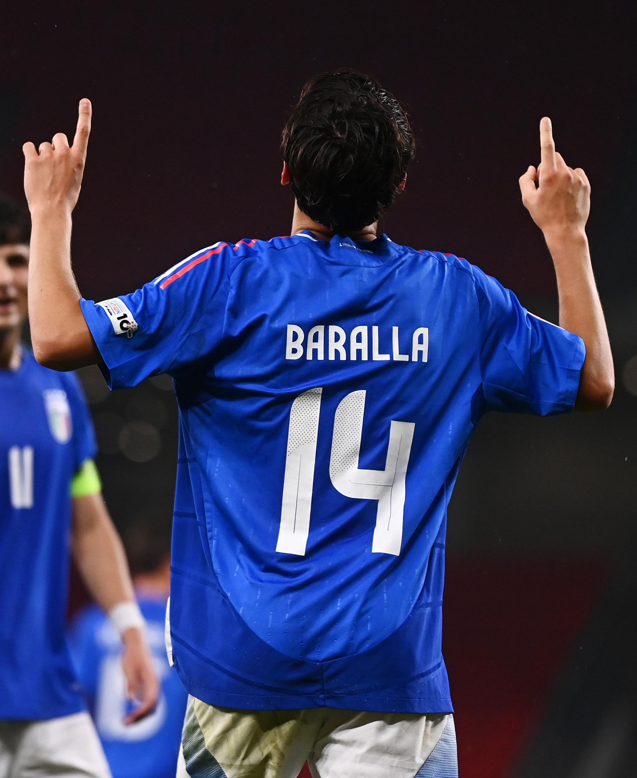 TIRANA, ALBANIA - MAY 29: ⁠Alessio Baralla of Italy celebrates scoring his team's second goal during the UEFA European Under-17 Championship 2024/25 semifinal match between Italy and Portugal at Arena Kombetare on May 29, 2025 in Tirana, Albania. (Photo by Ben McShane - Sportsfile/UEFA via Getty Images)