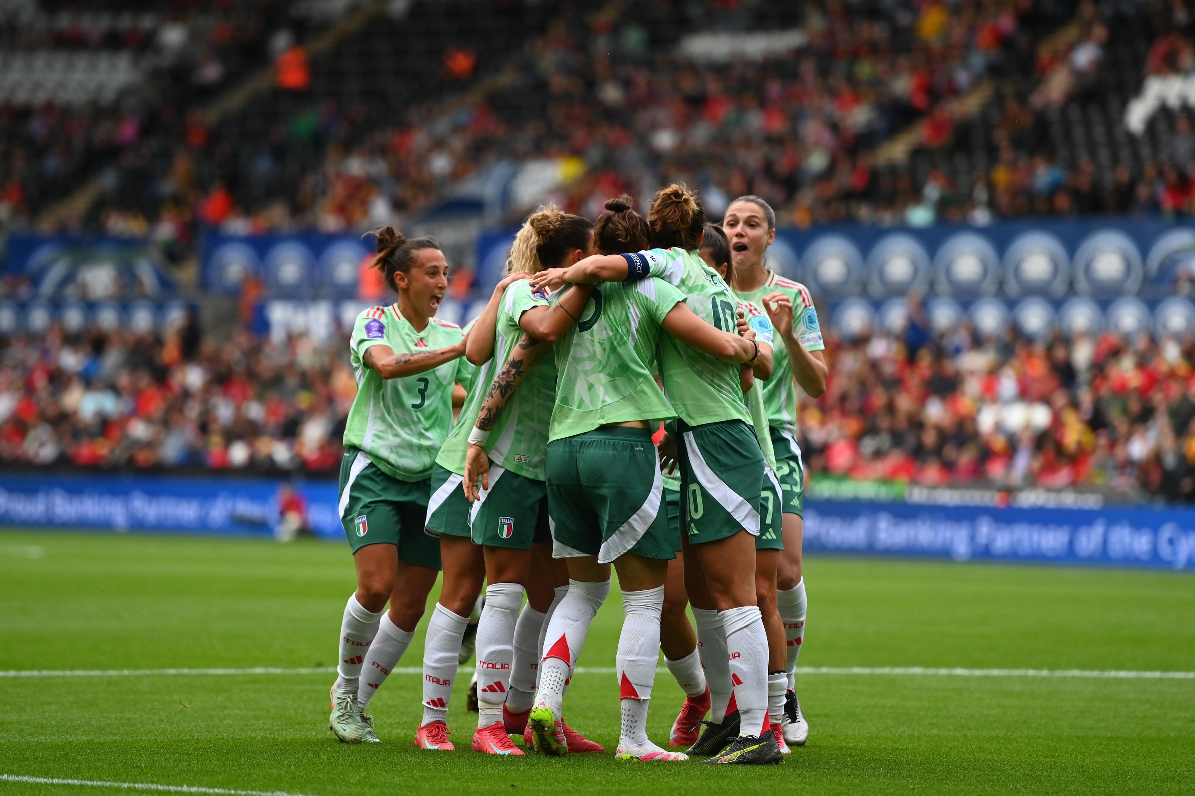 SWANSEA, WALES - JUNE 03:  Elena Linari of Italy celebrates  her sides first goal during the UEFA Women\\'s Nations League 2024/25 Grp A4 MD6 match between Wales and Italy at Swansea.com Stadium on June 03, 2025 in Swansea, Wales. (Photo by FIGC/FIGC via Getty Images)