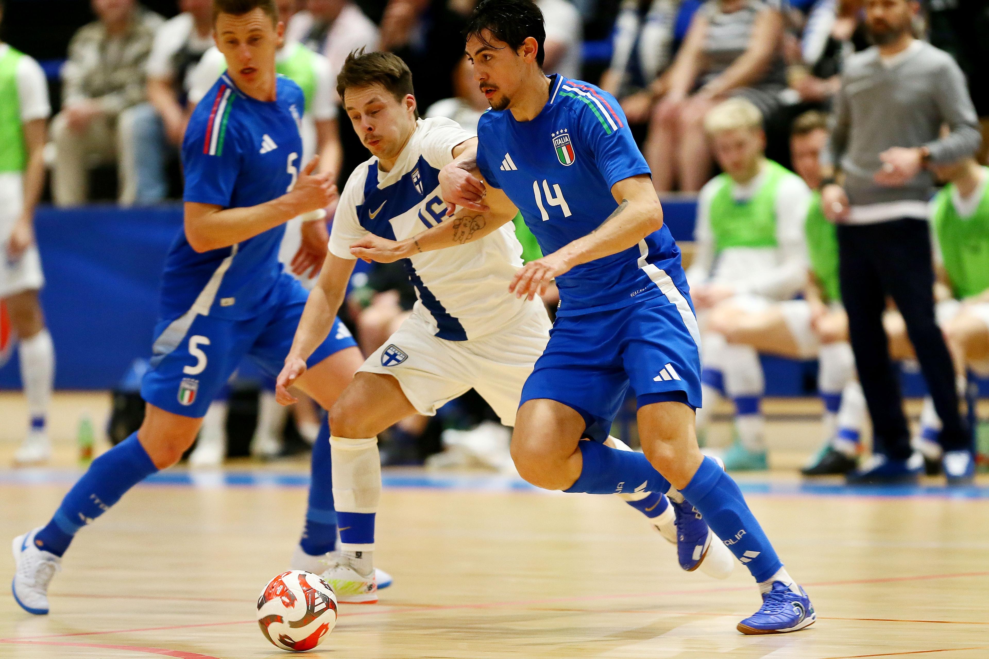 FASANO, ITALY - APRIL 16: Vesa Lilja of Finlandia and Gabriel Motta of Italy during the UEFA Euro Futsal 2026 qualification match between Italy and Finland at Palasport Fasano, on April 16, 2025 in Fasano, Italy. (Photo by FIGC/FIGC via Getty Images)