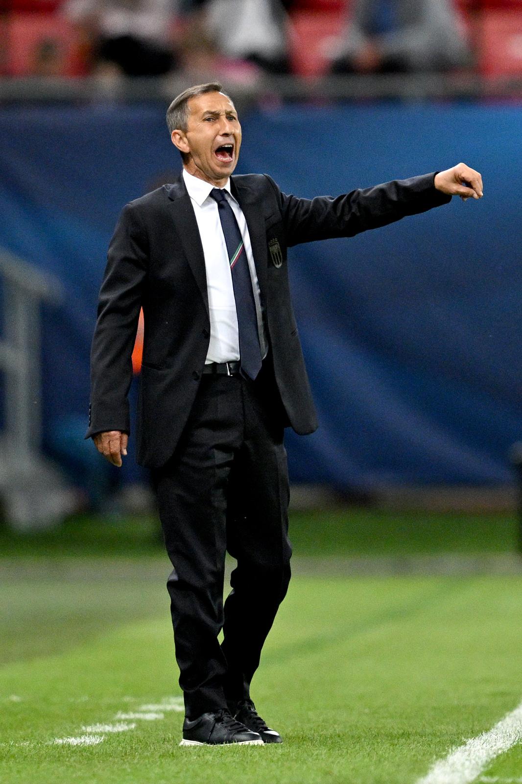 TRNAVA, SLOVAKIA - JUNE 11: Carmine Nunziata, Head Coach of Italy, looks on during the UEFA European Under-21 Championship 2025 Group Stage match between Italy and Romania at A. Malatinsky Stadium on June 11, 2025 in Trnava, Slovakia. (Photo by Tullio Puglia - UEFA/UEFA via Getty Images)