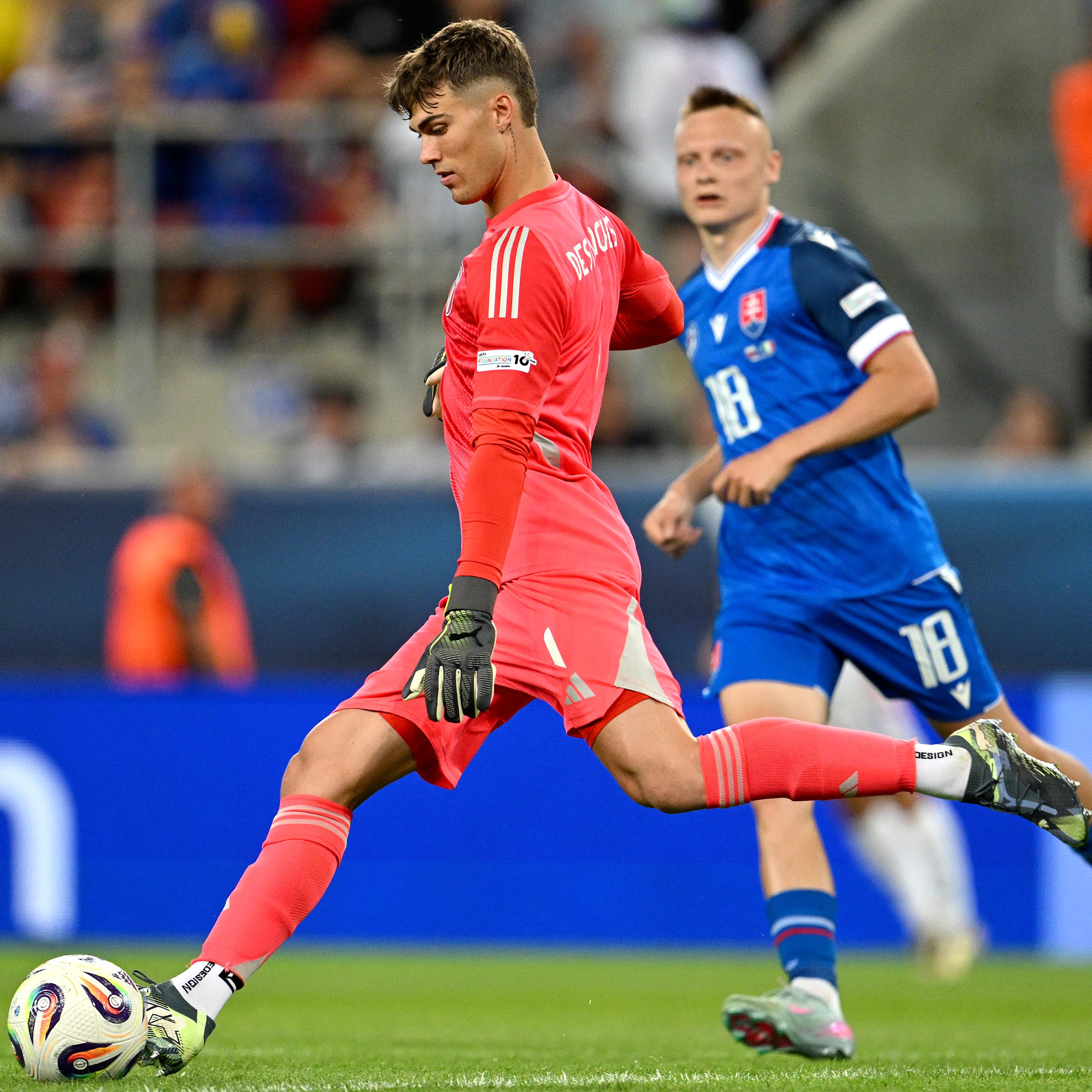 TRNAVA, SLOVAKIA - JUNE 14: Sebastiano Desplanches of Italybeing followed by Nino Marcelli of Slovakia during the UEFA European Under-21 Championship 2025 Group Stage match between Slovakia and Italy at A. Malatinsky Stadium on June 14, 2025 in Trnava, Slovakia. (Photo by Tullio Puglia - UEFA/UEFA via Getty Images)