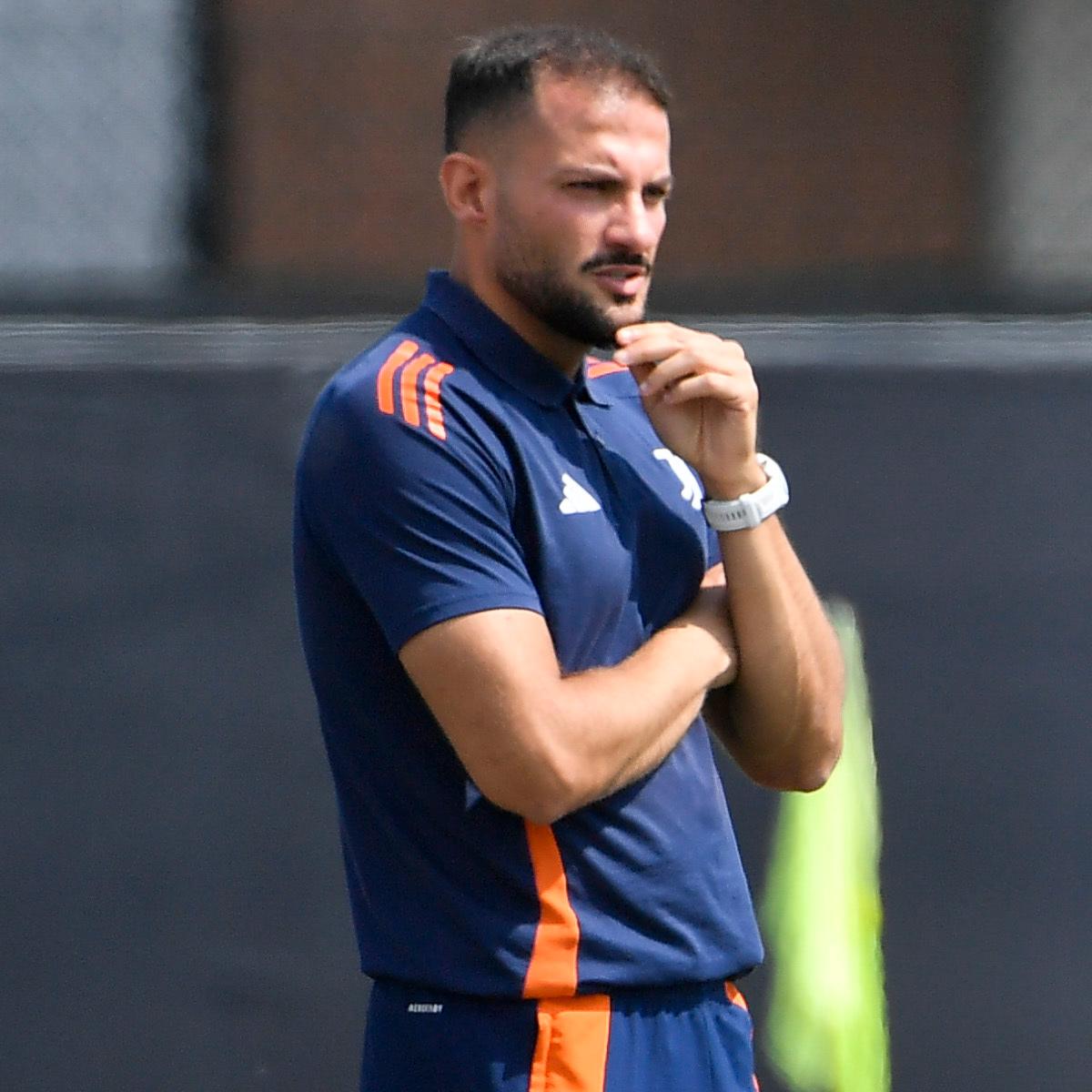 TURIN, ITALY - MAY 11: Mirko Lombardo Head Coach of Juventus FC during the match between Juventus Women U15 v Como Women U15 on May 11, 2025 in Turin, Italy. (Photo by Stefano Guidi - Juventus FC/Juventus FC via Getty Images)