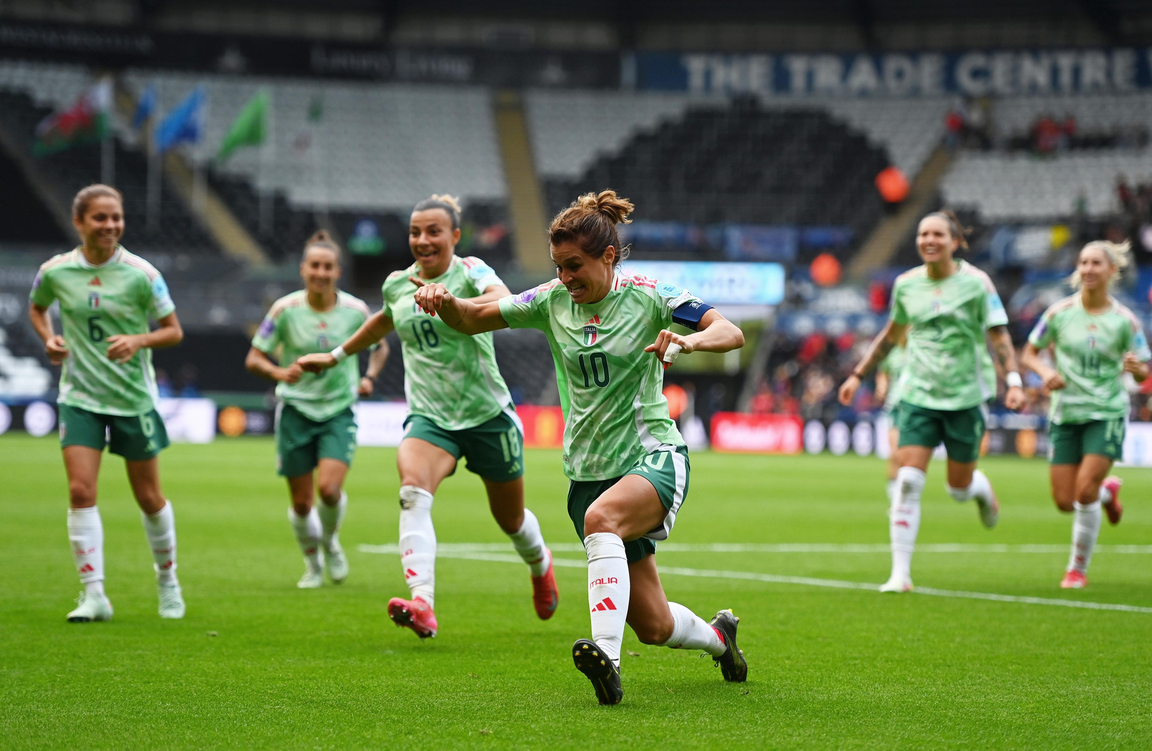SWANSEA, WALES - JUNE 03: Cristiana Girelli of Italy celebrates her sides fourth goal during the UEFA Women's Nations League 2024/25 Grp A4 MD6 match between Wales and Italy at Swansea.com Stadium on June 03, 2025 in Swansea, Wales. (Photo by FIGC/FIGC via Getty Images)
