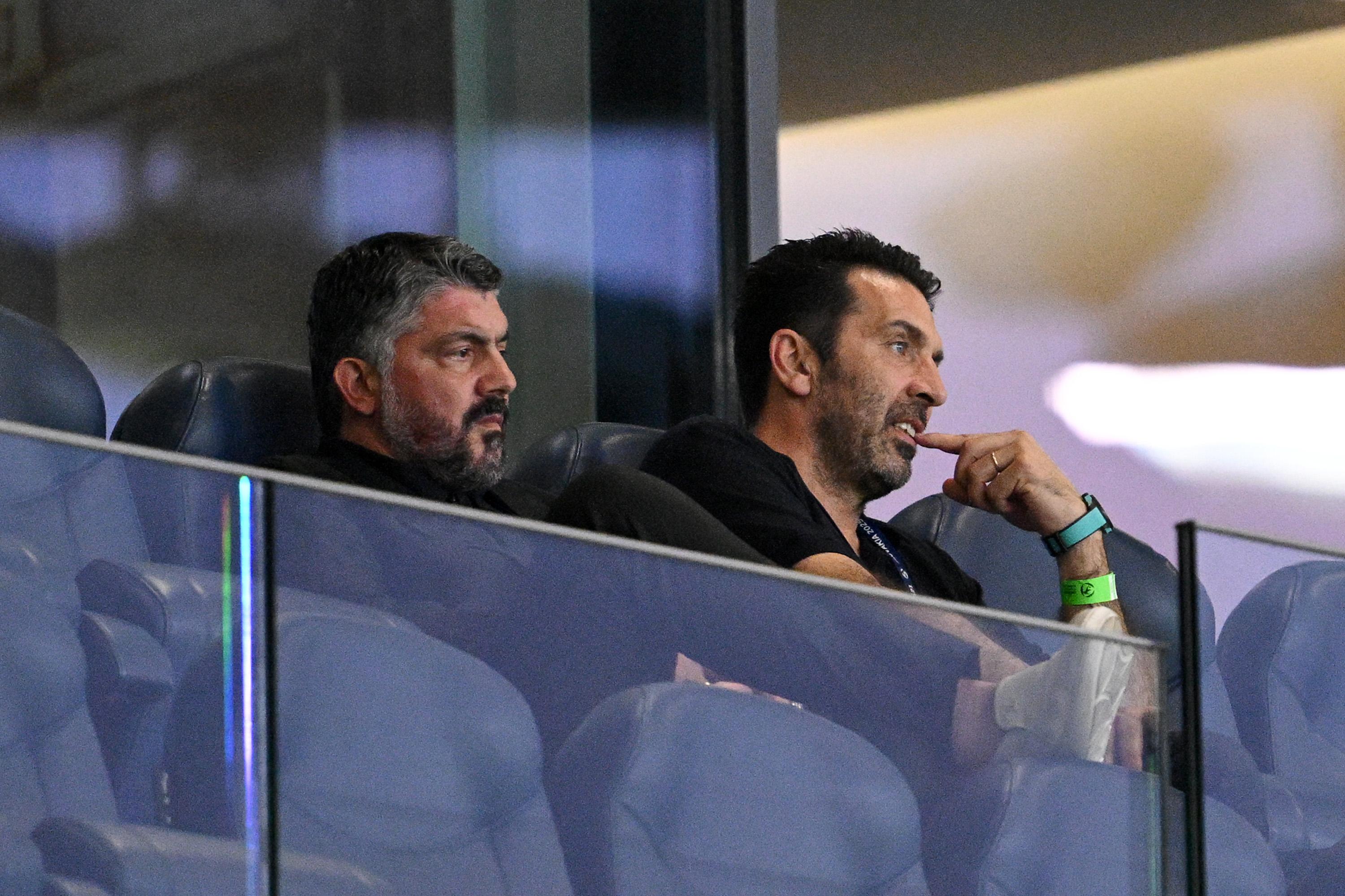 DUNAJSKA STREDA, SLOVAKIA - JUNE 22: Gennaro Gattuso, Head Coach of Italy senior national team, looks on beside Gianluigi Buffon, former Italy national team football player, during the UEFA European Under-21 Championship 2025 Quarter-Final match between Germany and Italy at DAC Arena on June 22, 2025 in Dunajska Streda, Slovakia. (Photo by Tullio Puglia - UEFA/UEFA via Getty Images)