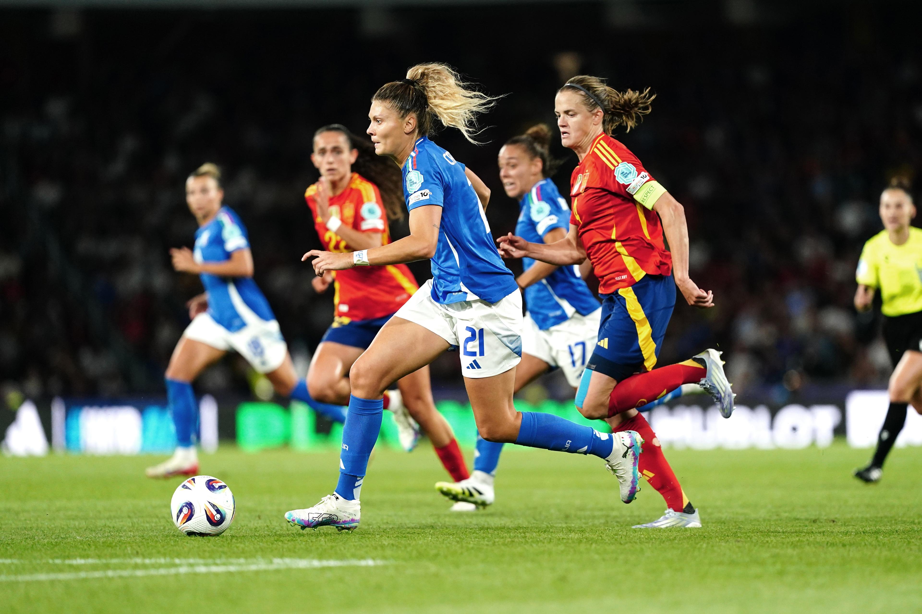 BERN, SWITZERLAND - JULY 11: Michela Cambiaghi of Italy runs with the ball during the UEFA Women's EURO 2025 Group B match between Italy and Spain at Stadion Wankdorf on July 11, 2025 in Bern, Switzerland. (Photo by Pier Marco Tacca - FIGC/FIGC via Getty Images)