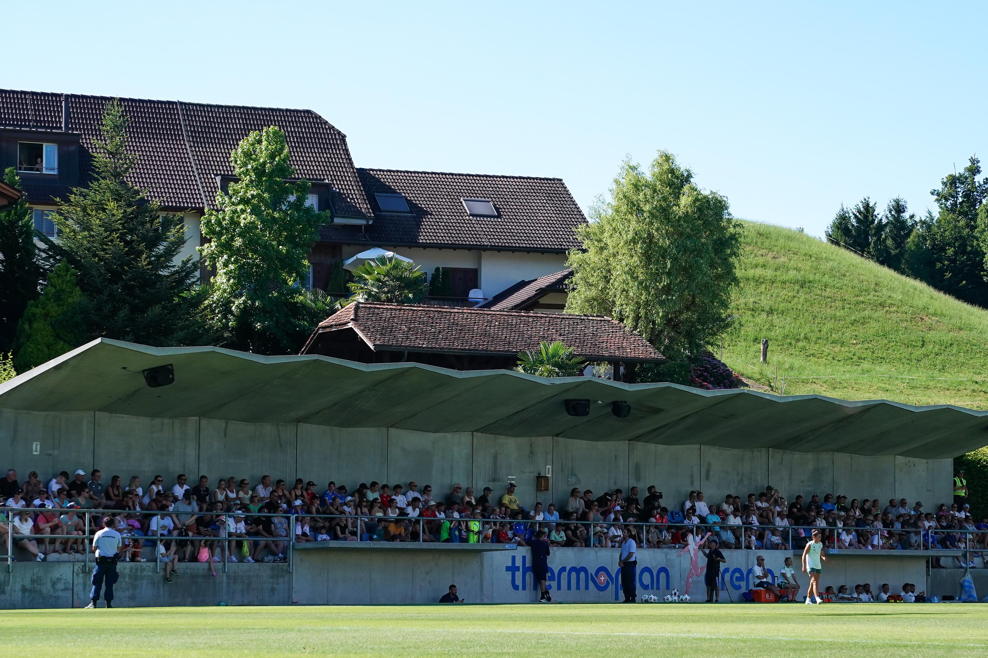 WEGGIS, SWITZERLAND - JUNE 29: Fans watching in the stand during the Italy Women training session at Thermoplan Arena on June 29, 2025 in Weggis, Switzerland. (Photo by Daniela Porcelli - FIGC/FIGC via Getty Images)