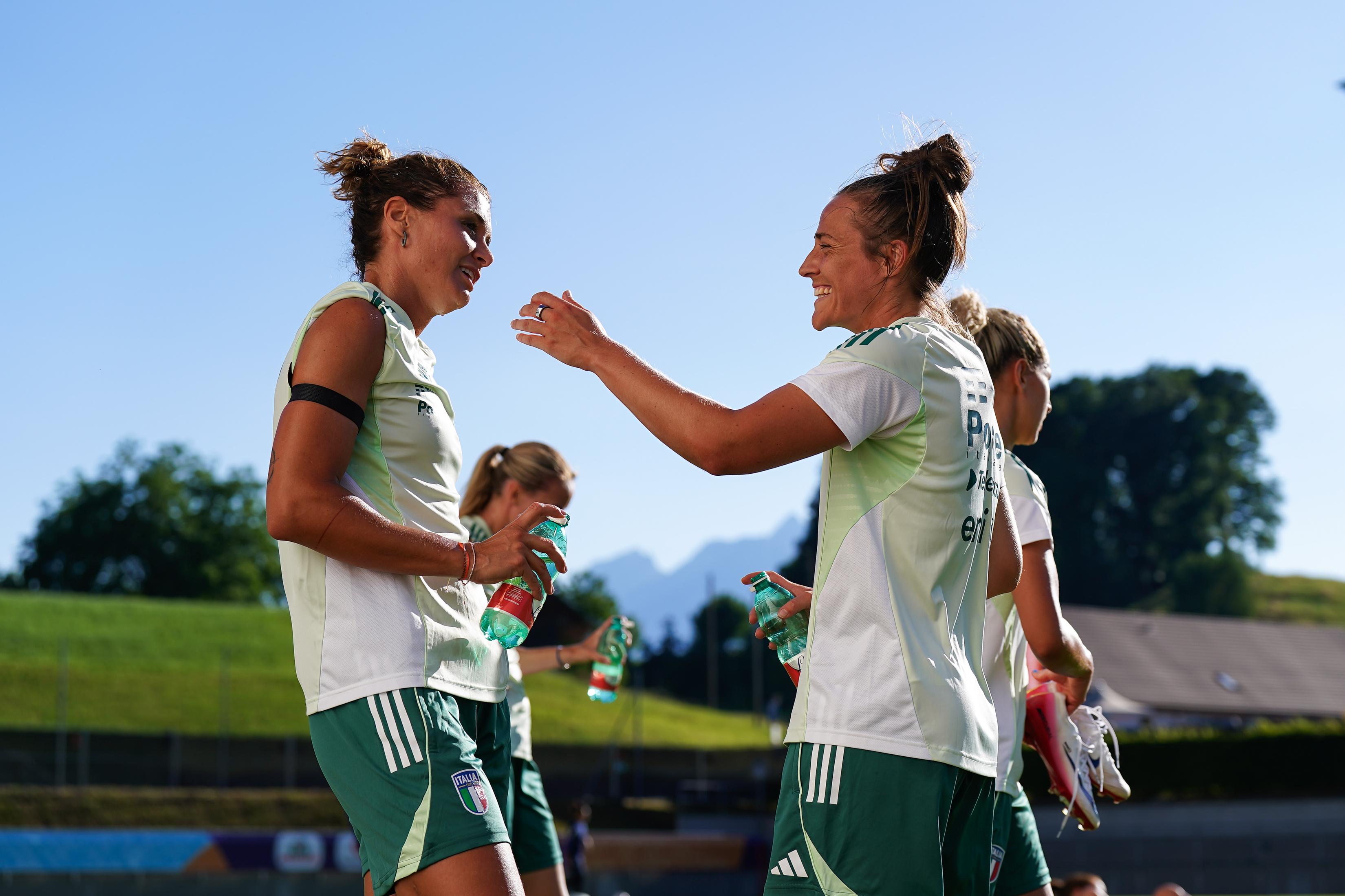 WEGGIS, SWITZERLAND - JUNE 28: Cristiana Girelli (L) and Aurora Galli of Italy (R) during the Italy Women training session at Thermoplan Arena on June 28, 2025 in Weggis, Switzerland. (Photo by Daniela Porcelli - FIGC/FIGC via Getty Images)