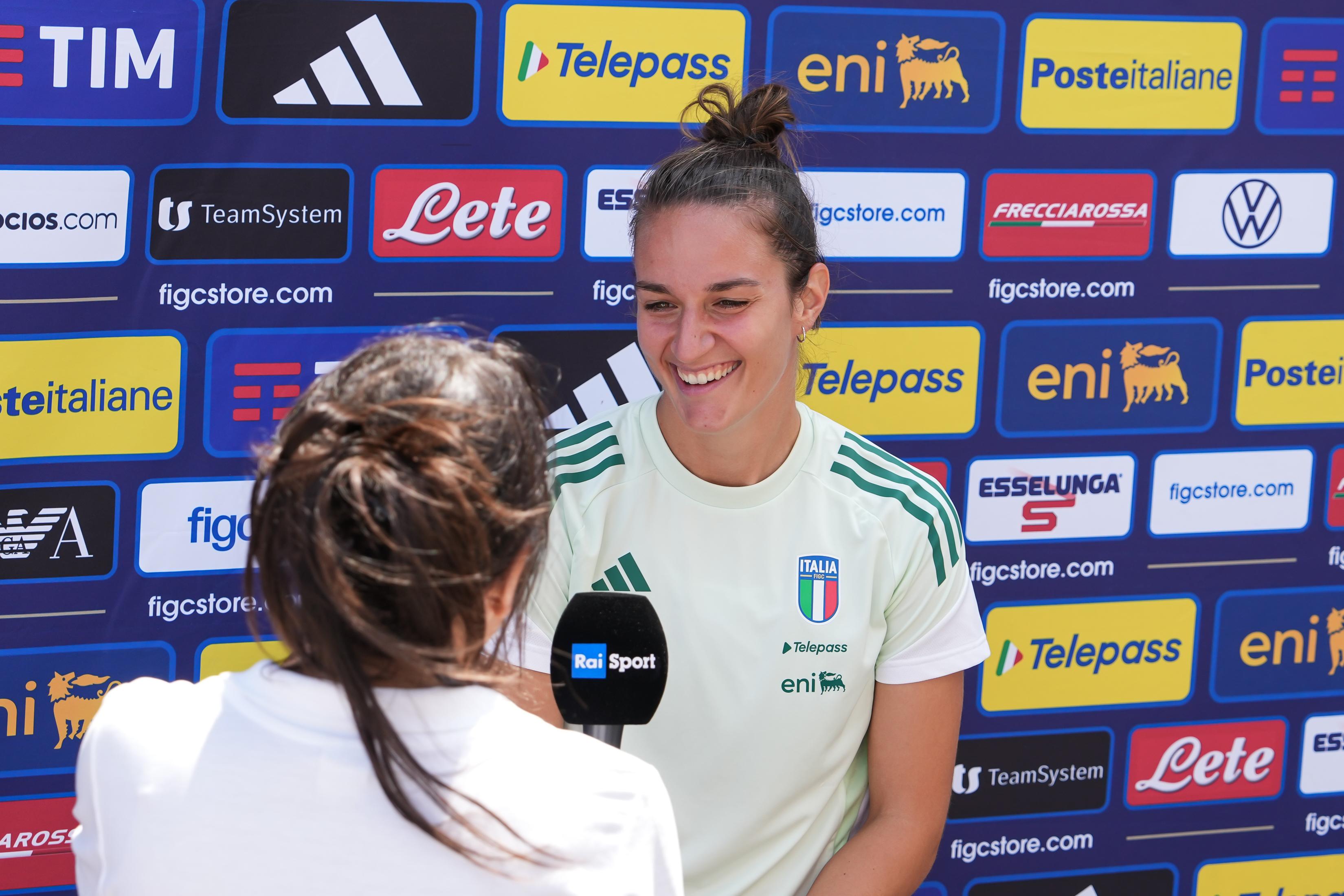LUCERNE, SWITZERLAND - JULY 19: Martina Lenzini of Italy during an media interview after the Italy Women Training session on July 19, 2025 in Weggis, Lucerne, Switzerland. (Photo by Daniela Porcelli - FIGC/FIGC via Getty Images)