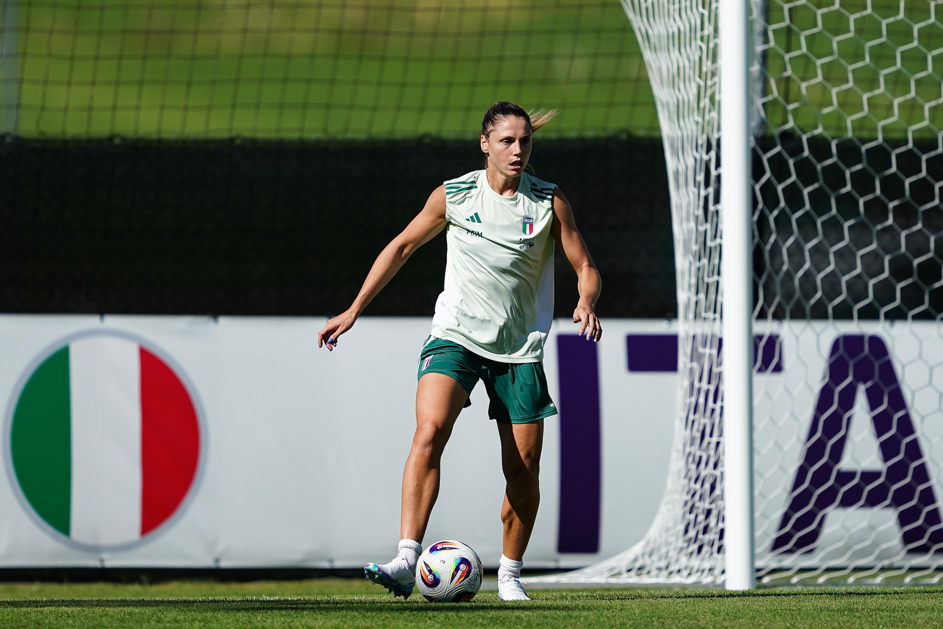 WEGGIS, SWITZERLAND - JUNE 28: Cecilia Salvai of Italy during the Italy Women training session at Thermoplan Arena on June 28, 2025 in Weggis, Switzerland. (Photo by Daniela Porcelli - FIGC/FIGC via Getty Images)