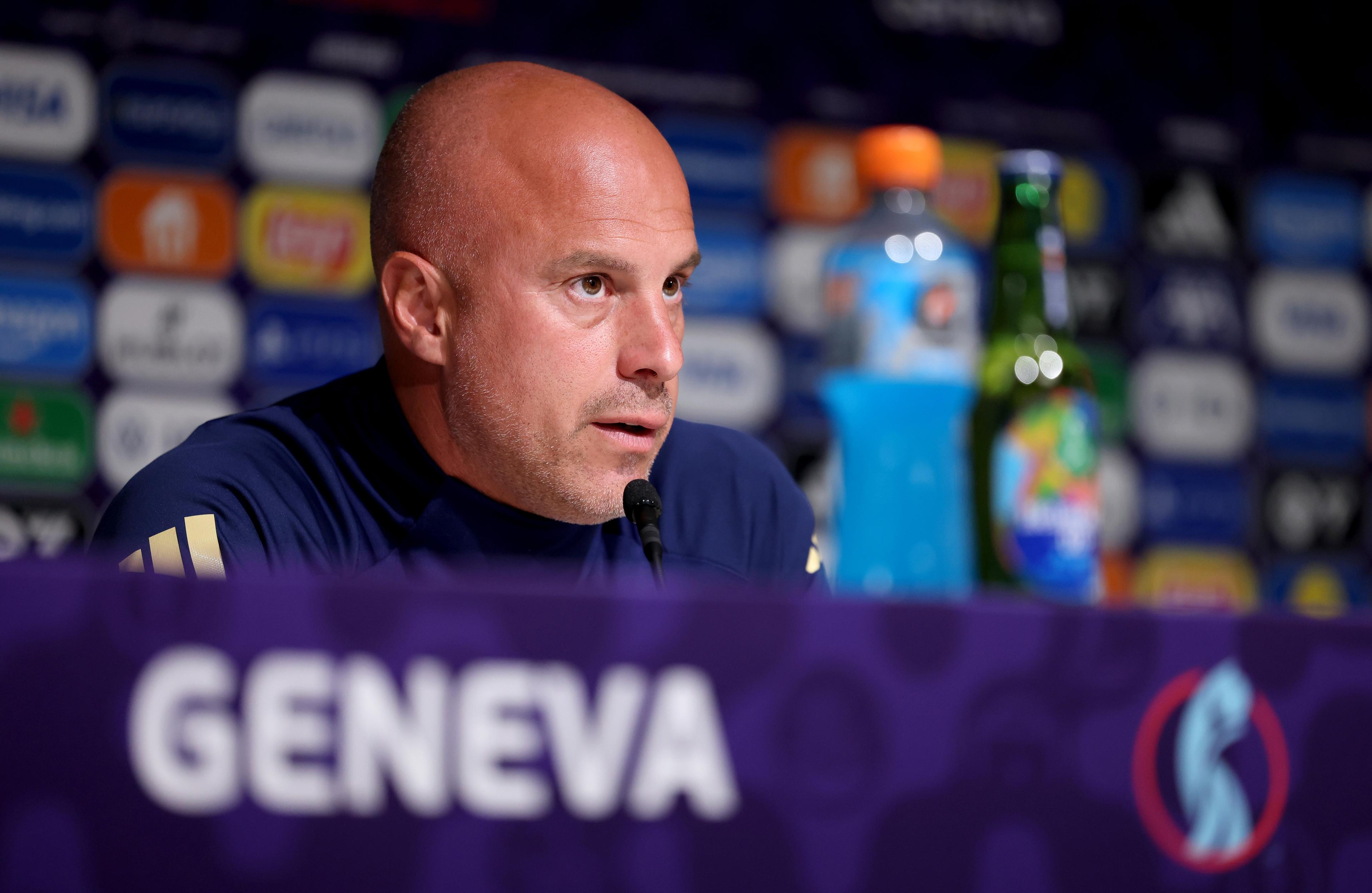 GENEVA, SWITZERLAND - JULY 06: Andrea Soncin, Head Coach of Italy, speaks to the media during the Italy Training Session / Press Conference ahead of the UEFA Women's EURO 2025 Group B match between Portugal and Italy at Stade de Geneve on July 06, 2025 in Geneva, Switzerland. (Photo by Joosep Martinson - UEFA/UEFA via Getty Images)