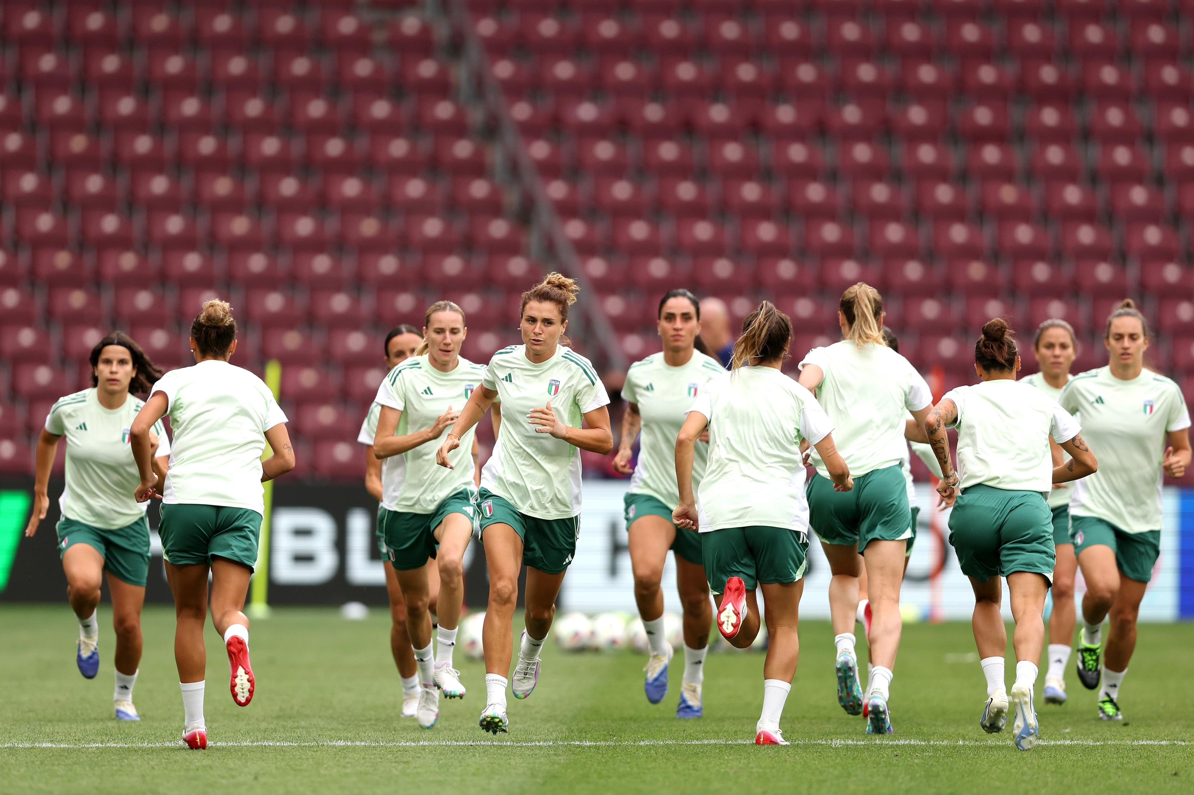 GENEVA, SWITZERLAND - JULY 06: The players of Italy warm up during the Italy Training Session / Press Conference ahead of the UEFA Women's EURO 2025 Group B match between Portugal and Italy at Stade de Geneve on July 06, 2025 in Geneva, Switzerland. (Photo by Joosep Martinson - UEFA/UEFA via Getty Images)