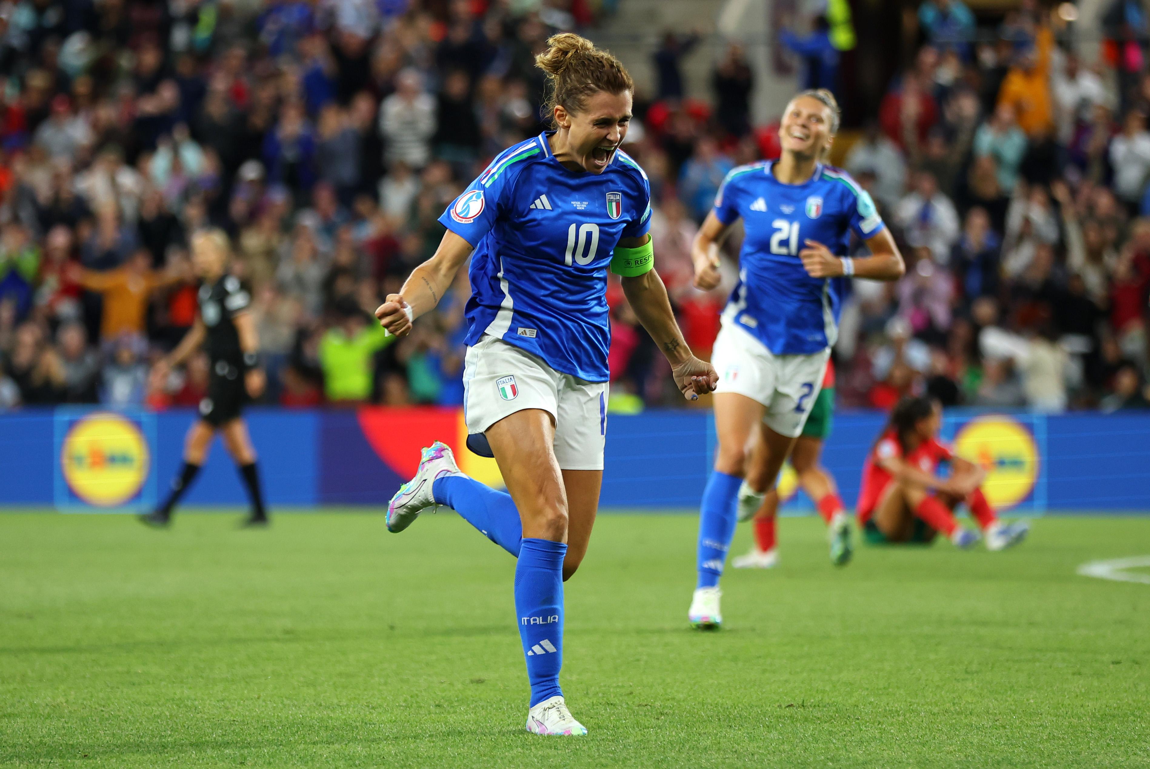 GENEVA, SWITZERLAND - JULY 07: Cristiana Girelli of Italy celebrates scoring her team's first goal during the UEFA Women's EURO 2025 Group B match between Portugal and Italy at Stade de Geneve on July 07, 2025 in Geneva, Switzerland. (Photo by Molly Darlington - UEFA/UEFA via Getty Images)