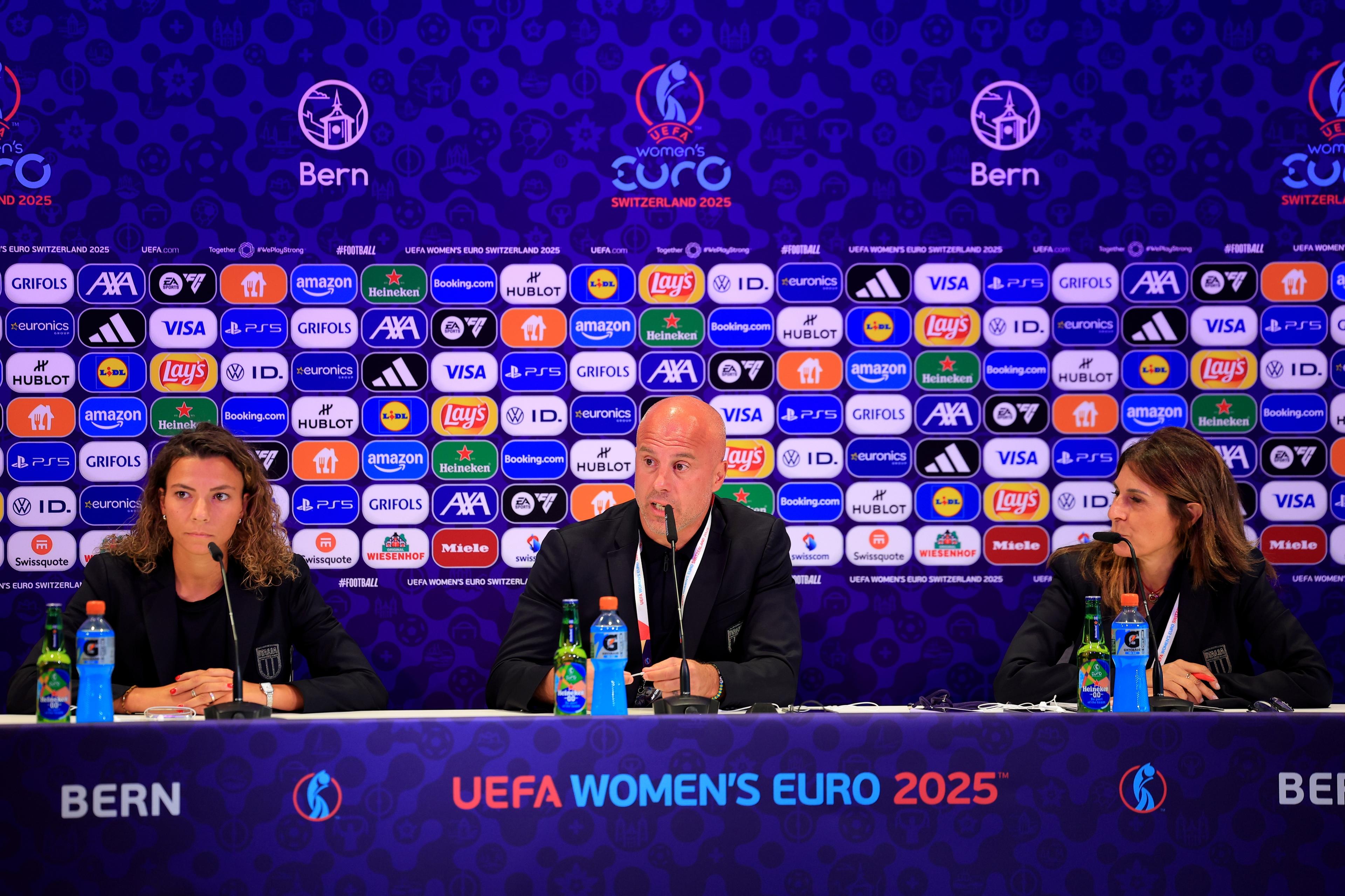 BERN, SWITZERLAND - JULY 10: Arianna Caruso of Italy and Andrea Soncin, Head Coach of Italy, speak to the media during the Italy Press Conference ahead of the UEFA Women's EURO 2025 Group B match between Italy and Spain at Stadion Wankdorf on July 10, 2025 in Bern, Switzerland. (Photo by Fran Santiago - UEFA/UEFA via Getty Images)