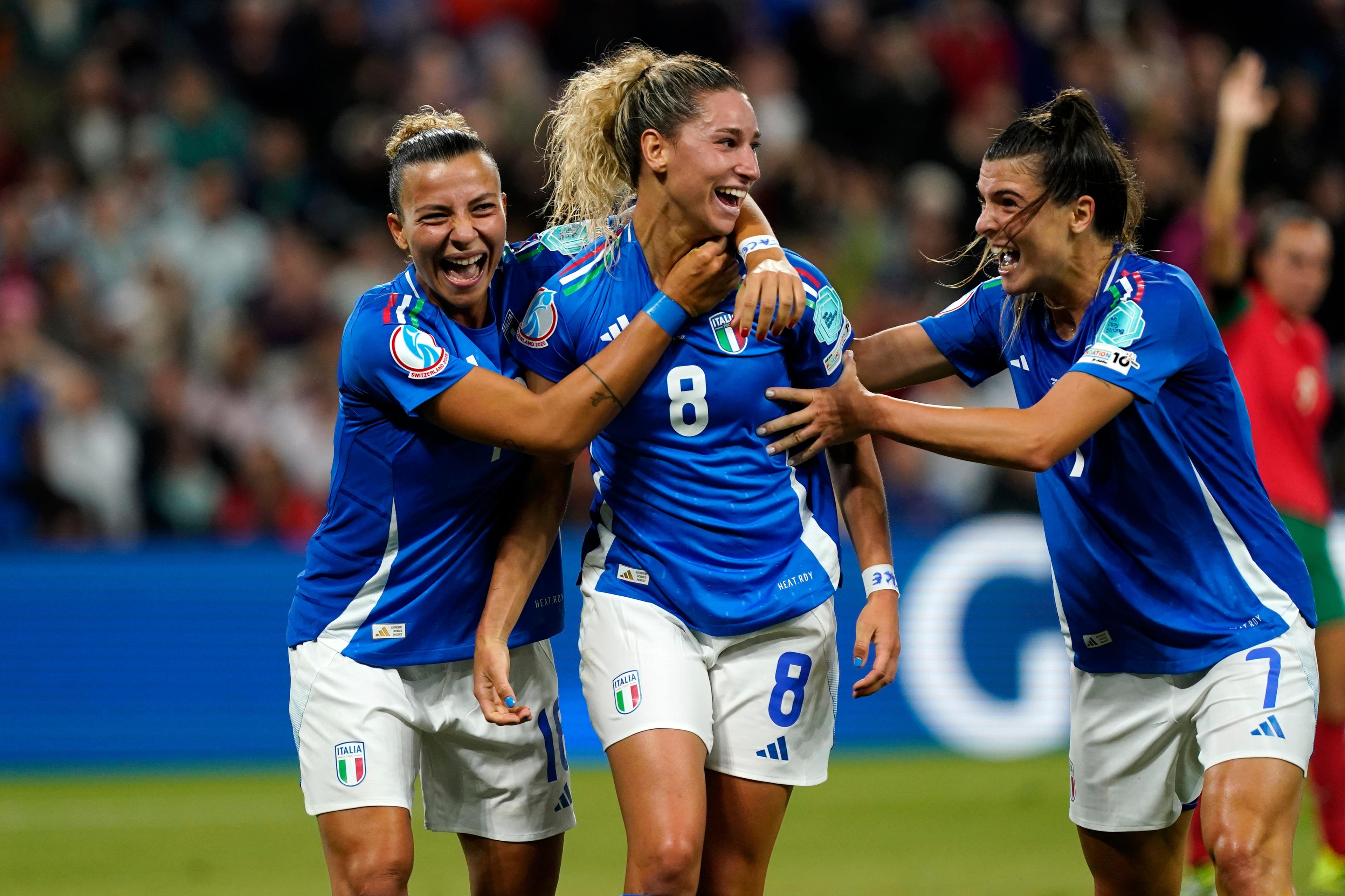GENEVA, SWITZERLAND - JULY 07: Emma Severini of Italy celebrates with teammates Arianna Caruso and Sofia Cantore after scoring a goal which is later disallowed due to offside following a VAR review during the UEFA Women's EURO 2025 Group B match between Portugal and Italy at Stade de Geneve on July 07, 2025 in Geneva, Switzerland. (Photo by Pier Marco Tacca - FIGC/FIGC via Getty Images)