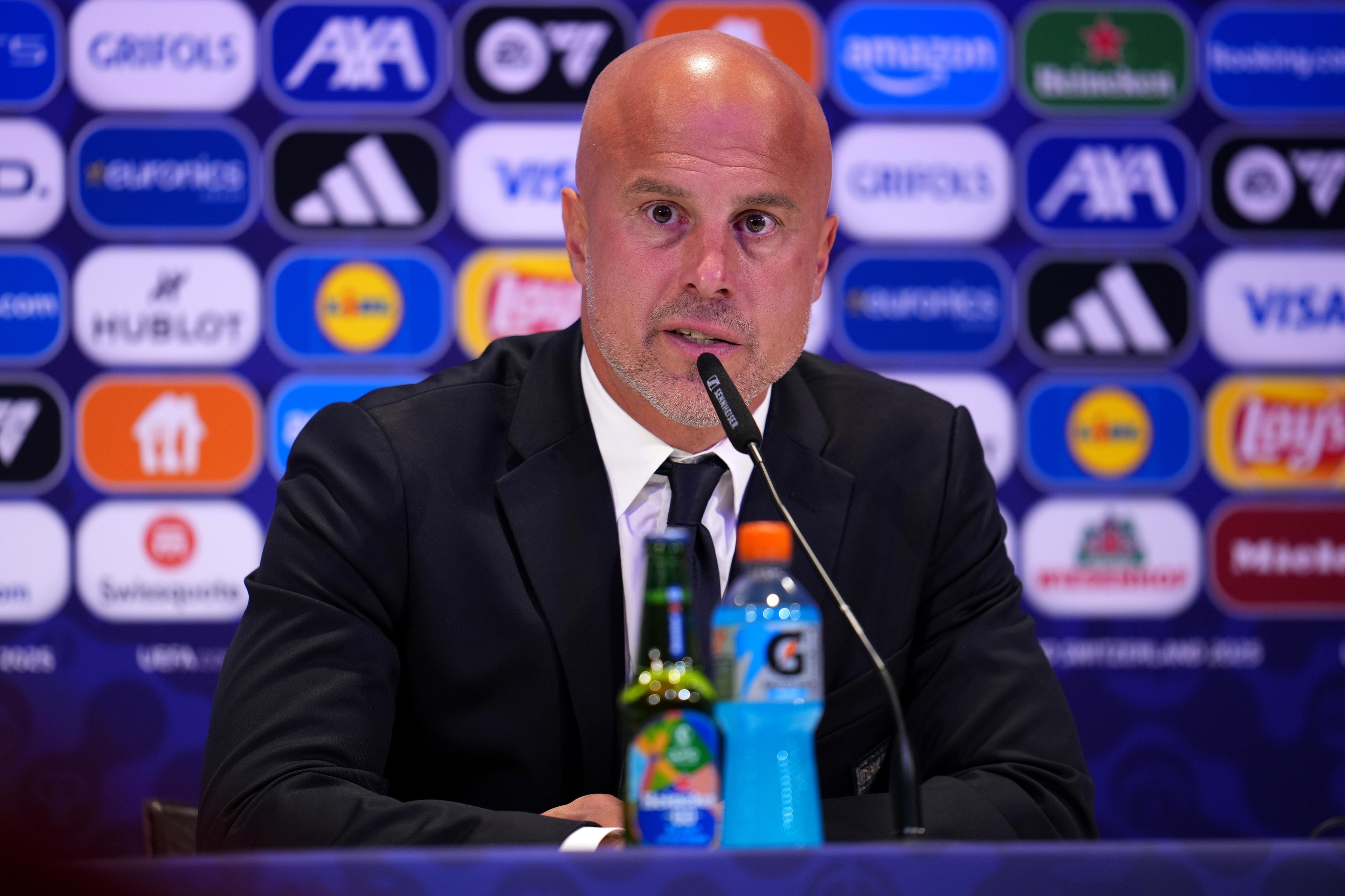 BERN, SWITZERLAND - JULY 11: Andrea Soncin, Head Coach of Italy, speaks to the media in a post match press conference after the UEFA Women's EURO 2025 Group B match between Italy and Spain at Stadion Wankdorf on July 11, 2025 in Bern, Switzerland. (Photo by Aitor Alcalde - UEFA/UEFA via Getty Images)
