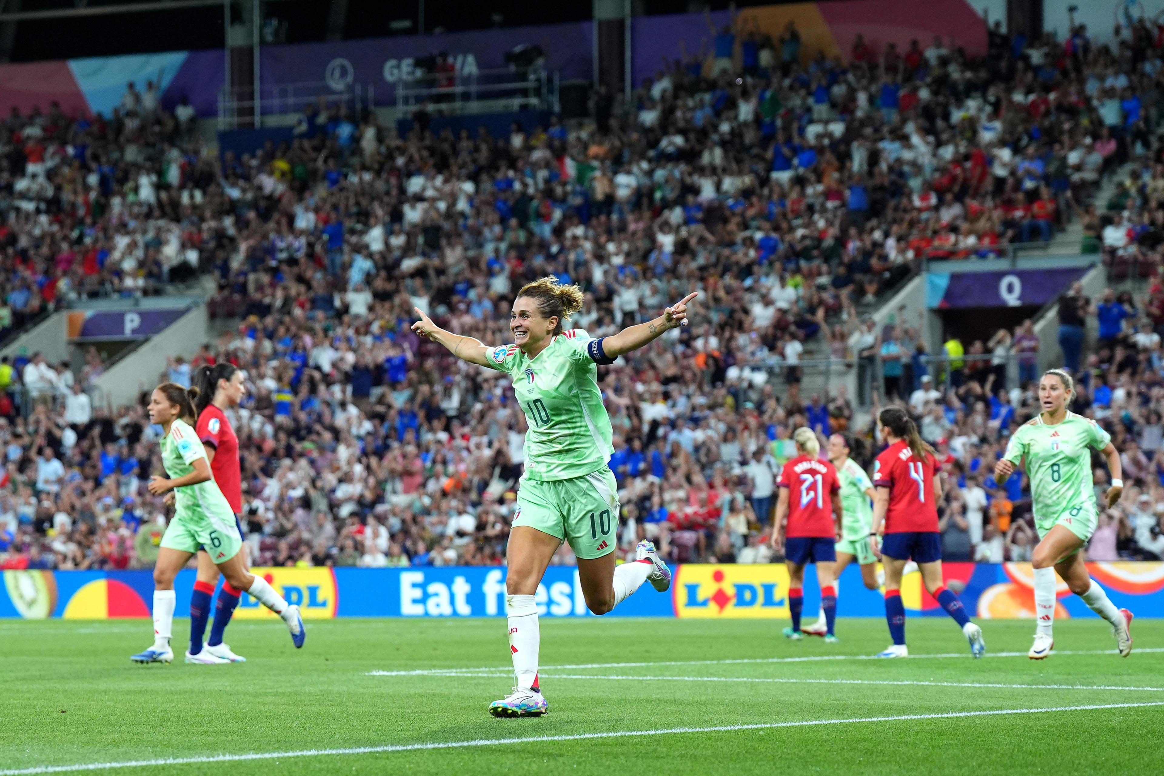 GENEVA, SWITZERLAND - JULY 16: Cristiana Girelli of Italy celebrates scoring her team's first goal during the UEFA Women's EURO 2025 Quarter-Final match between Norway and Italy at Stade de Geneve on July 16, 2025 in Geneva, Switzerland. (Photo by FIGC/FIGC via Getty Images)