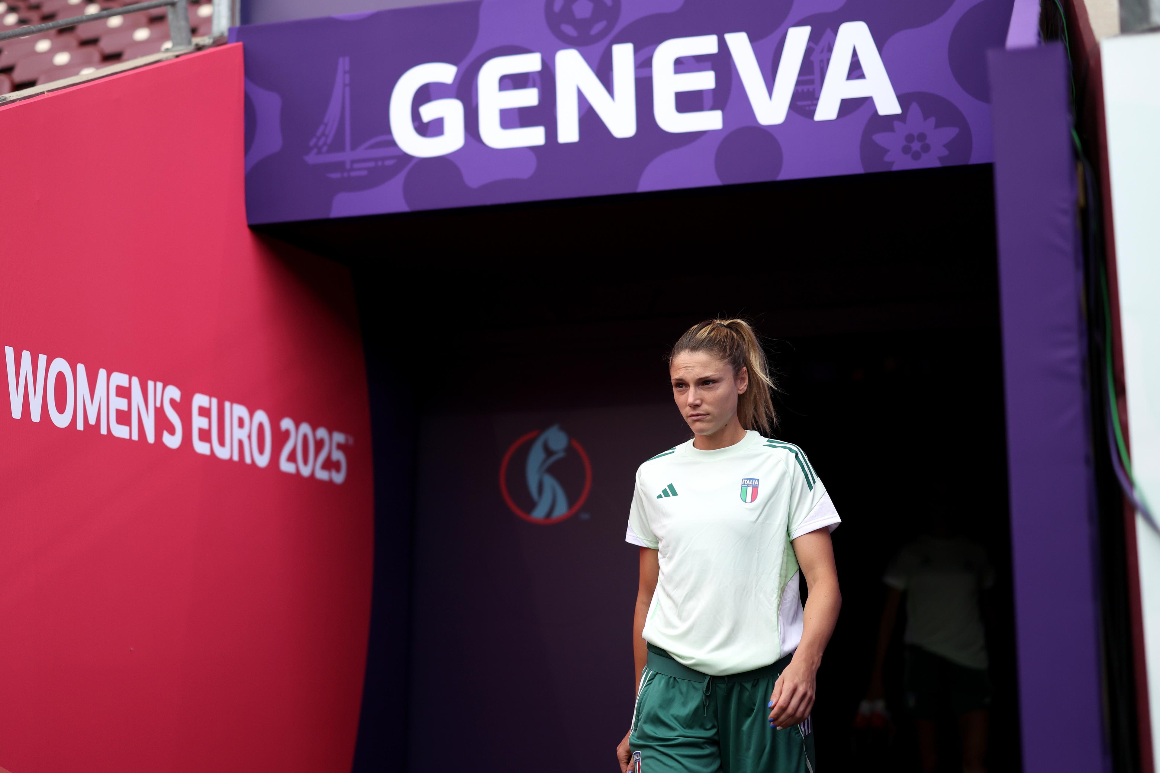 GENEVA, SWITZERLAND - JULY 06: Cecilia Salvai of Italy leaves the players tunnel during the Italy Training Session / Press Conference ahead of the UEFA Women's EURO 2025 Group B match between Portugal and Italy at Stade de Geneve on July 06, 2025 in Geneva, Switzerland. (Photo by Joosep Martinson - UEFA/UEFA via Getty Images)